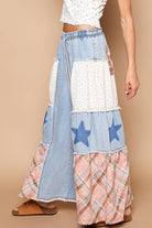 Star patch detail solid chambray wide pants-Pants-Pol Clothing-Stuffology - Where Vintage Meets Modern, A Boutique for Real Women in Crosbyton, TX