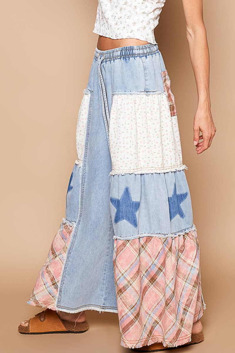 Star patch detail solid chambray wide pants-Pants-Pol Clothing-Stuffology - Where Vintage Meets Modern, A Boutique for Real Women in Crosbyton, TX