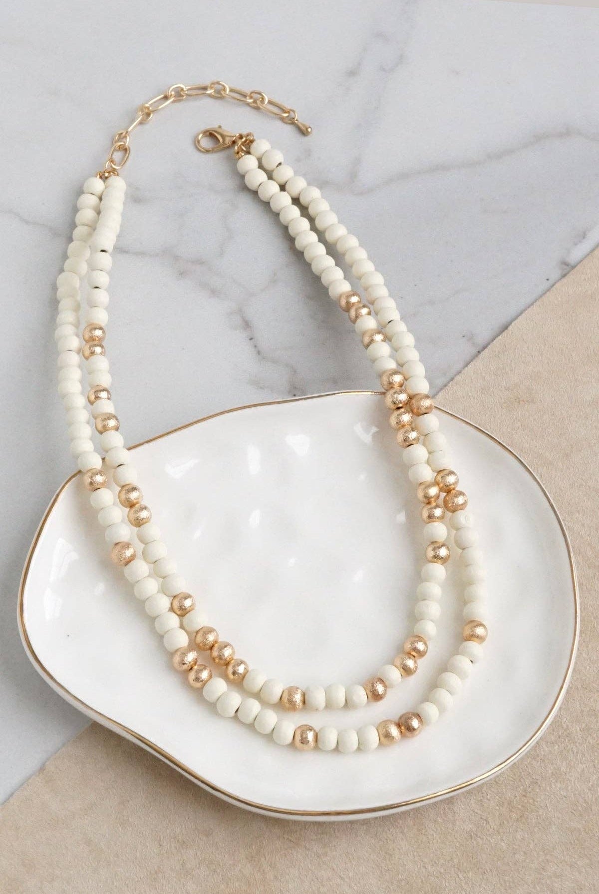 Multi Strand Wooden Beads Short Statement Necklace in Cream and Gold-PennyLine inc-Stuffology - Where Vintage Meets Modern, A Boutique for Real Women in Crosbyton, TX