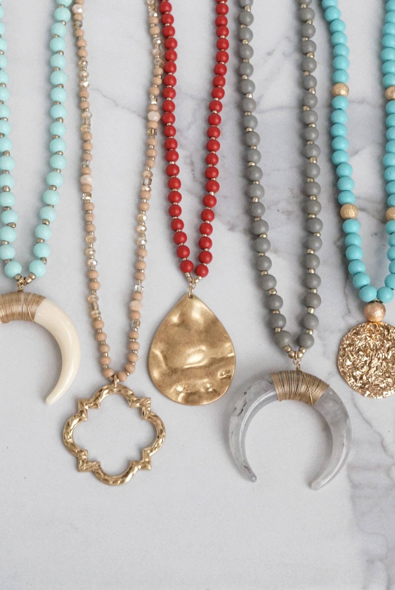 Long Wooden Bead Necklace with Clover Quatrefoil gold pendant - Ivory Cream-PennyLine inc-Stuffology - Where Vintage Meets Modern, A Boutique for Real Women in Crosbyton, TX