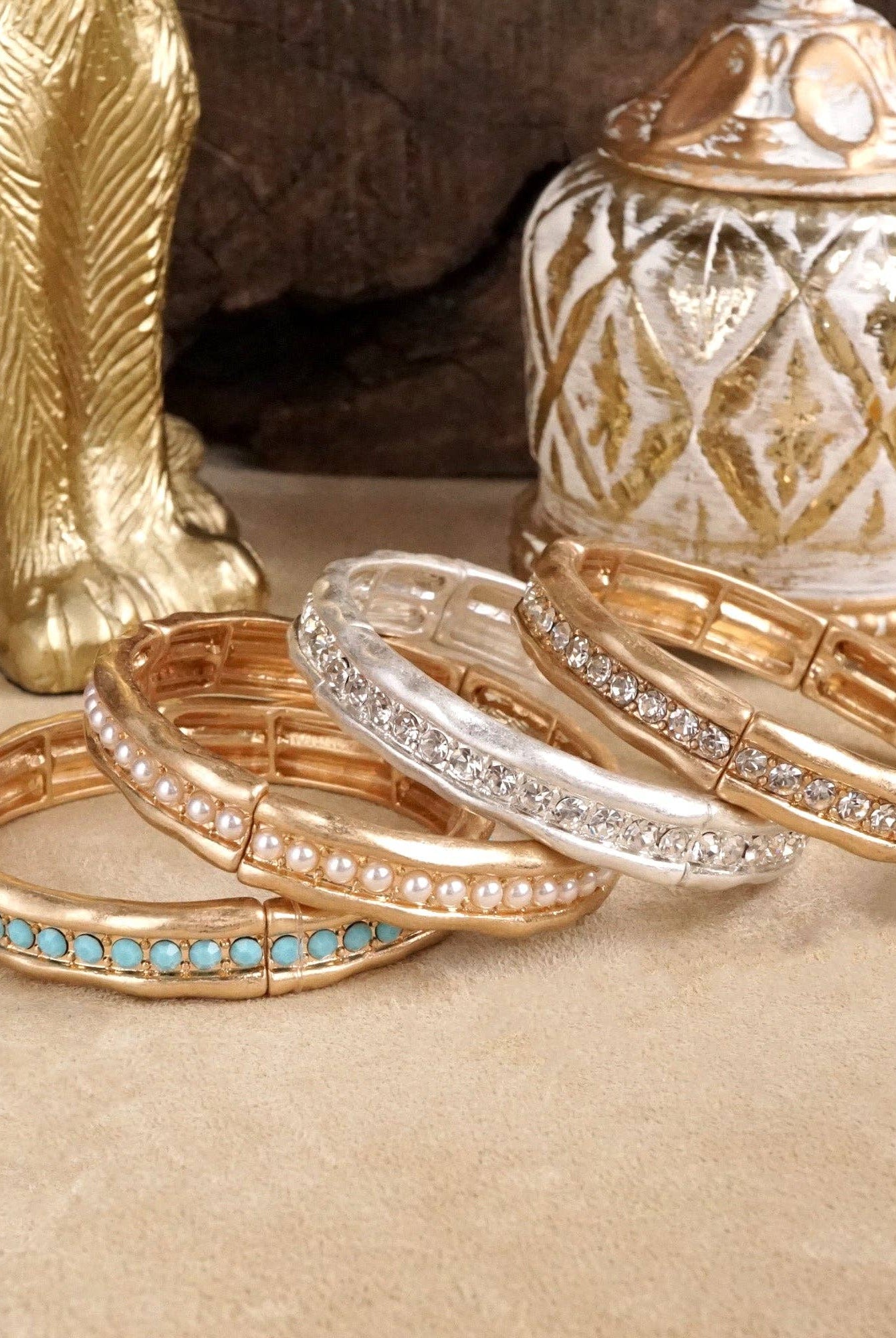 Minimalist TurquoiseCrystal Bangle Bracelet – Brushed Gold-PennyLine inc-Stuffology - Where Vintage Meets Modern, A Boutique for Real Women in Crosbyton, TX