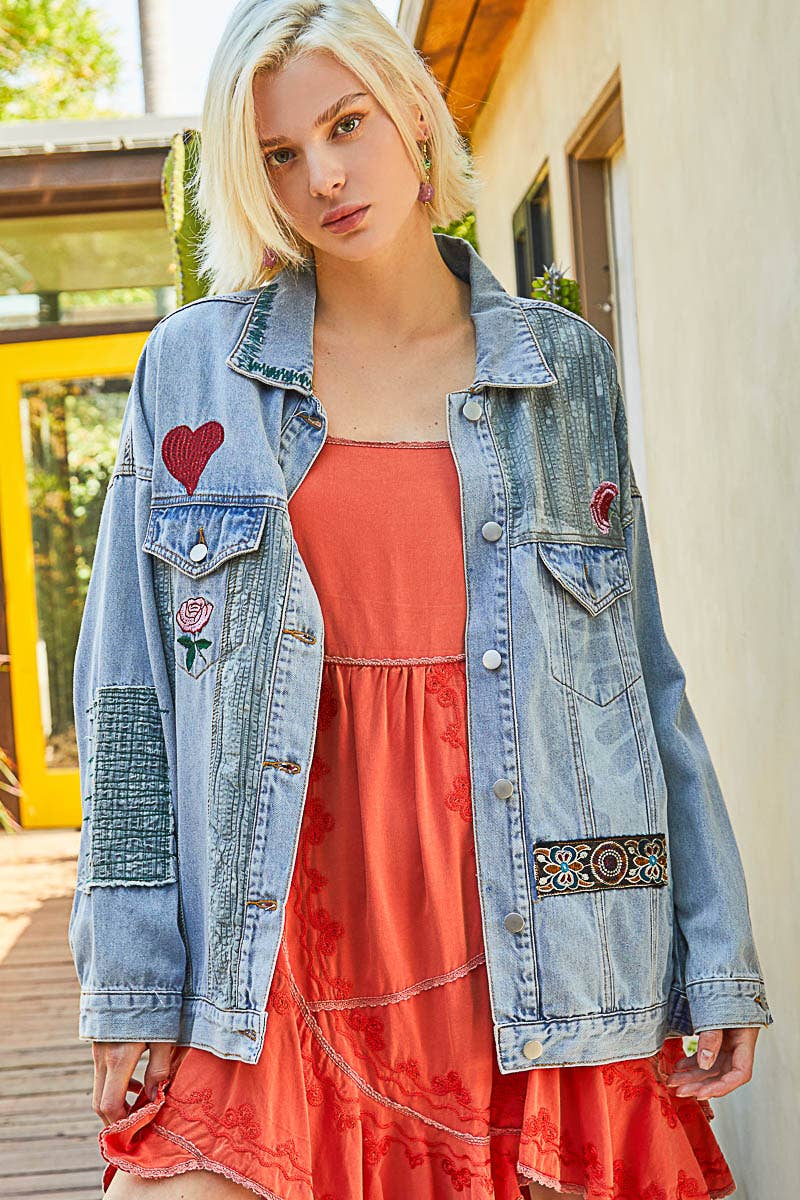 Long sleeve denim embroidery roomy fit jacket-Denim Jacket-Pol Clothing-Stuffology - Where Vintage Meets Modern, A Boutique for Real Women in Crosbyton, TX