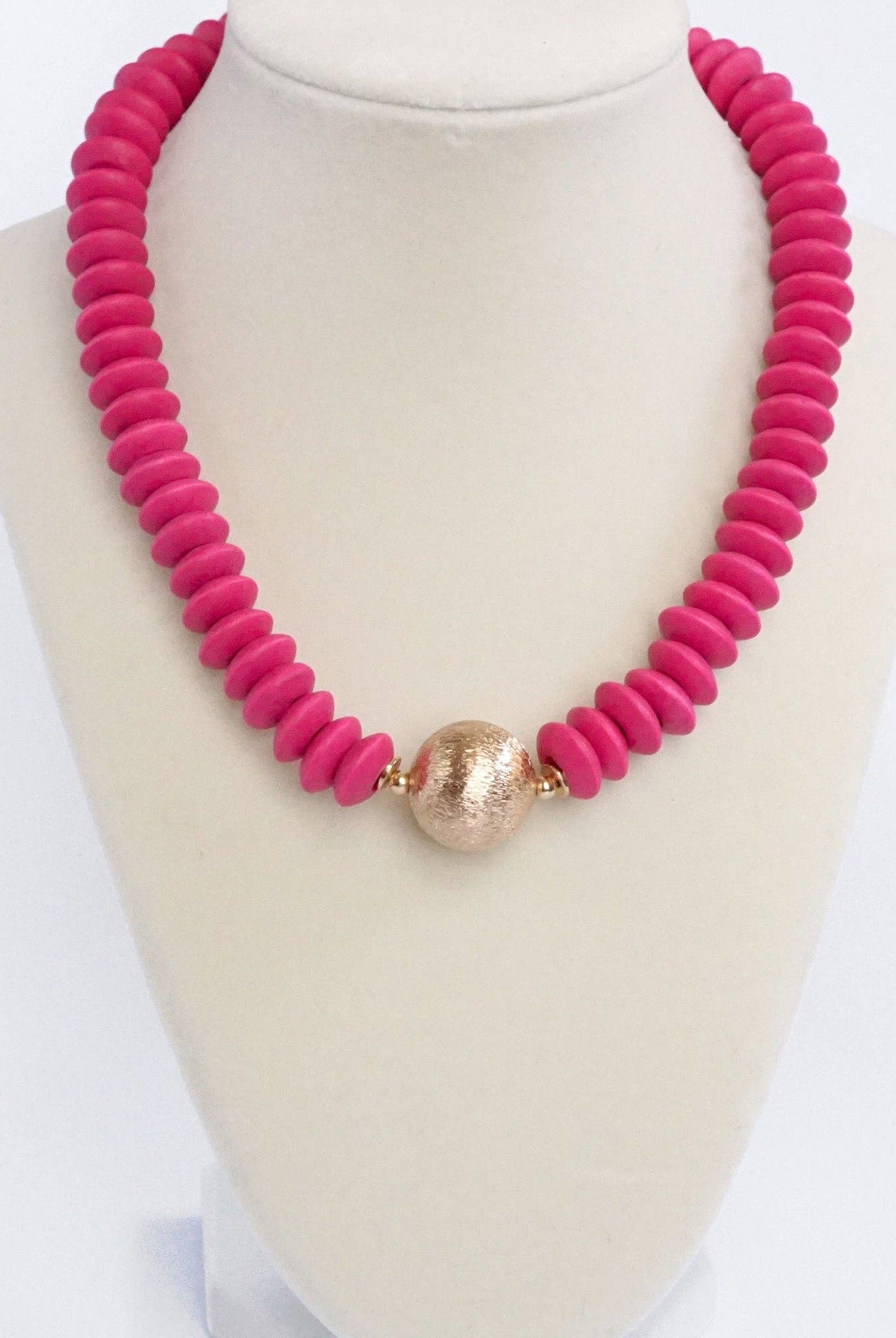 Wood Saucer Beads Short Statement Necklace Gold center Hot Pink Beige Turquoise-Necklaces-PennyLine inc-Stuffology - Where Vintage Meets Modern, A Boutique for Real Women in Crosbyton, TX