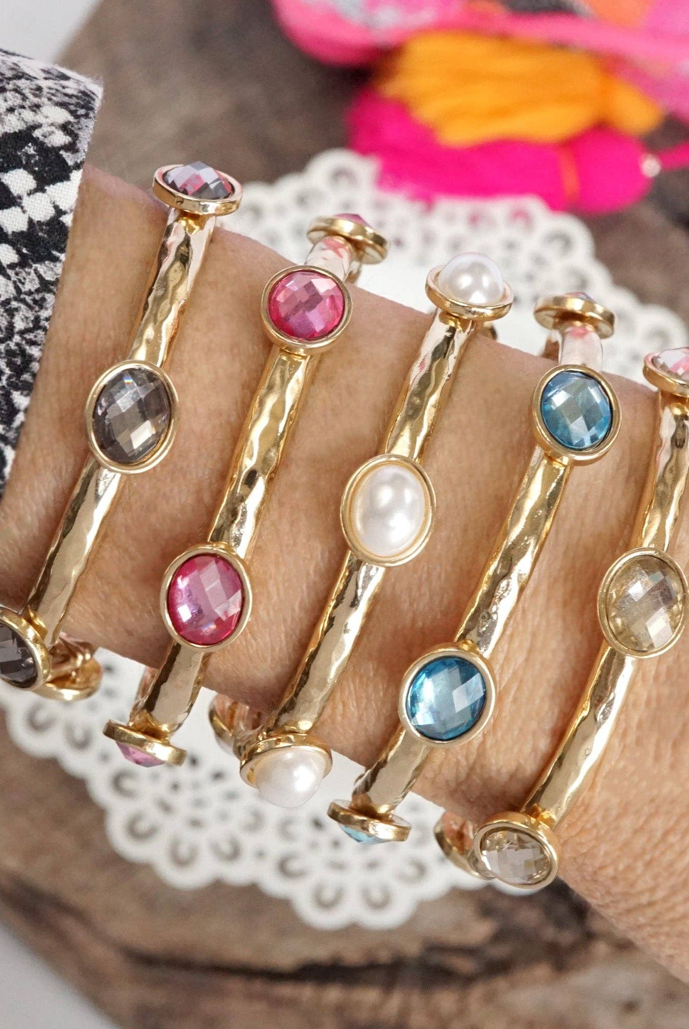 Jeweled Golden Bangle - with Faceted glass oval colorful jewels-Bracelets-PennyLine inc-Stuffology - Where Vintage Meets Modern, A Boutique for Real Women in Crosbyton, TX