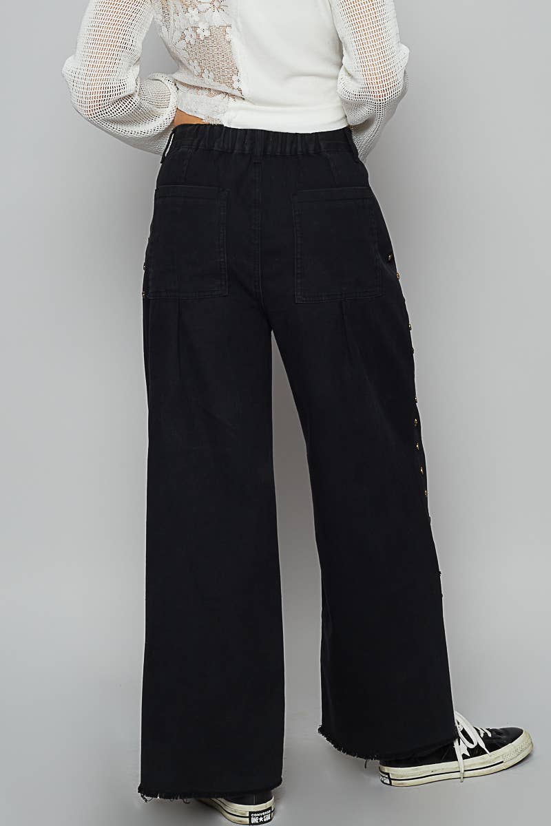 POL Clothing - Solid Stud Detail Twill Wide Woven Pants-Pol Clothing-Stuffology - Where Vintage Meets Modern, A Boutique for Real Women in Crosbyton, TX