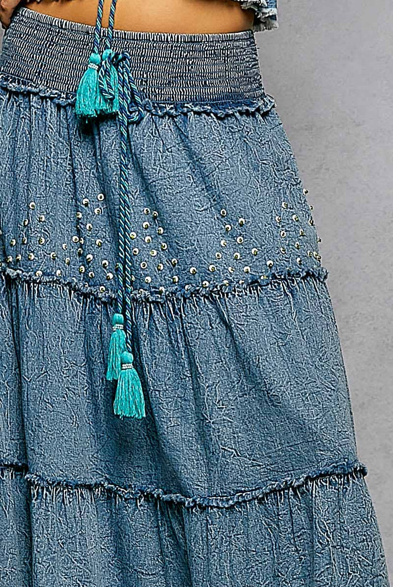 Boho Belle Tiered Denim Maxi Skirt-Skirts-Pol Clothing-Stuffology - Where Vintage Meets Modern, A Boutique for Real Women in Crosbyton, TX
