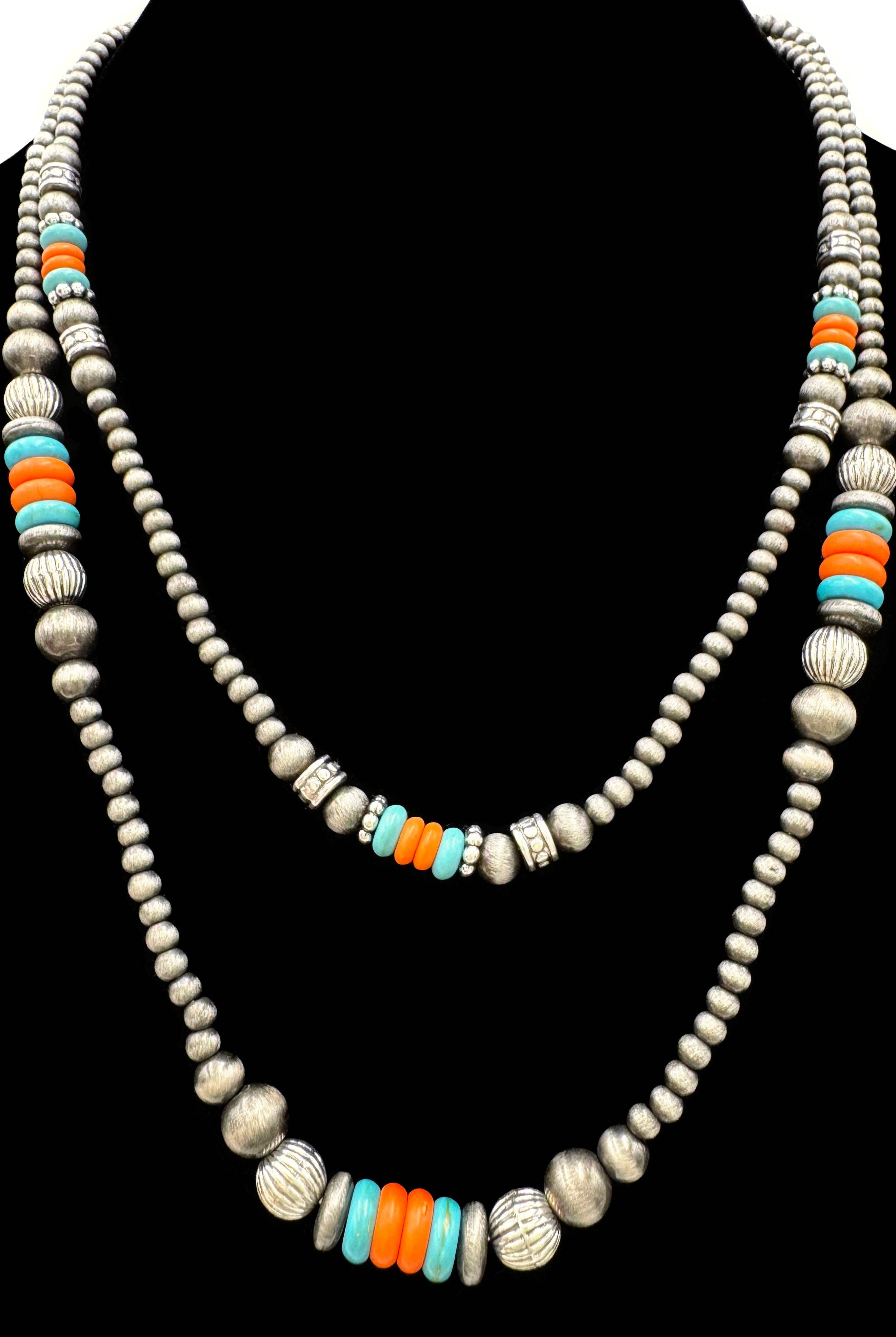 Turquoise and Orange Beads Navajo Two Strand Necklace-Necklaces-Lunar Deer-Stuffology - Where Vintage Meets Modern, A Boutique for Real Women in Crosbyton, TX