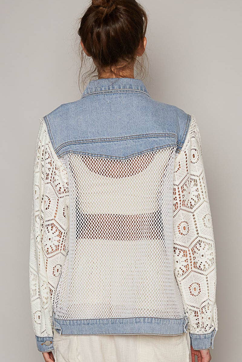 Oversize lace long sleeve crochet patches denim jacket-Shirt / Jacket-Pol Clothing-Stuffology - Where Vintage Meets Modern, A Boutique for Real Women in Crosbyton, TX