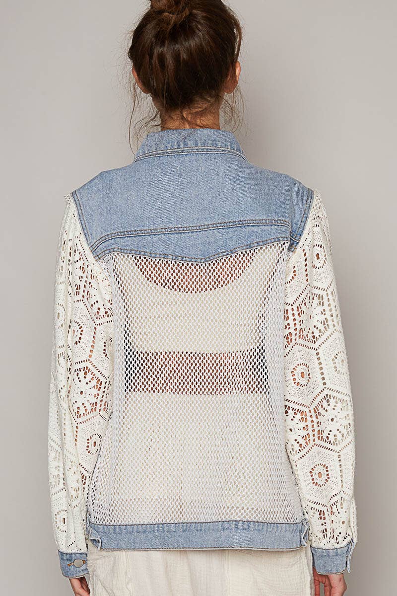 Oversize lace long sleeve crochet patches denim jacket-Shirt / Jacket-Pol Clothing-Stuffology - Where Vintage Meets Modern, A Boutique for Real Women in Crosbyton, TX