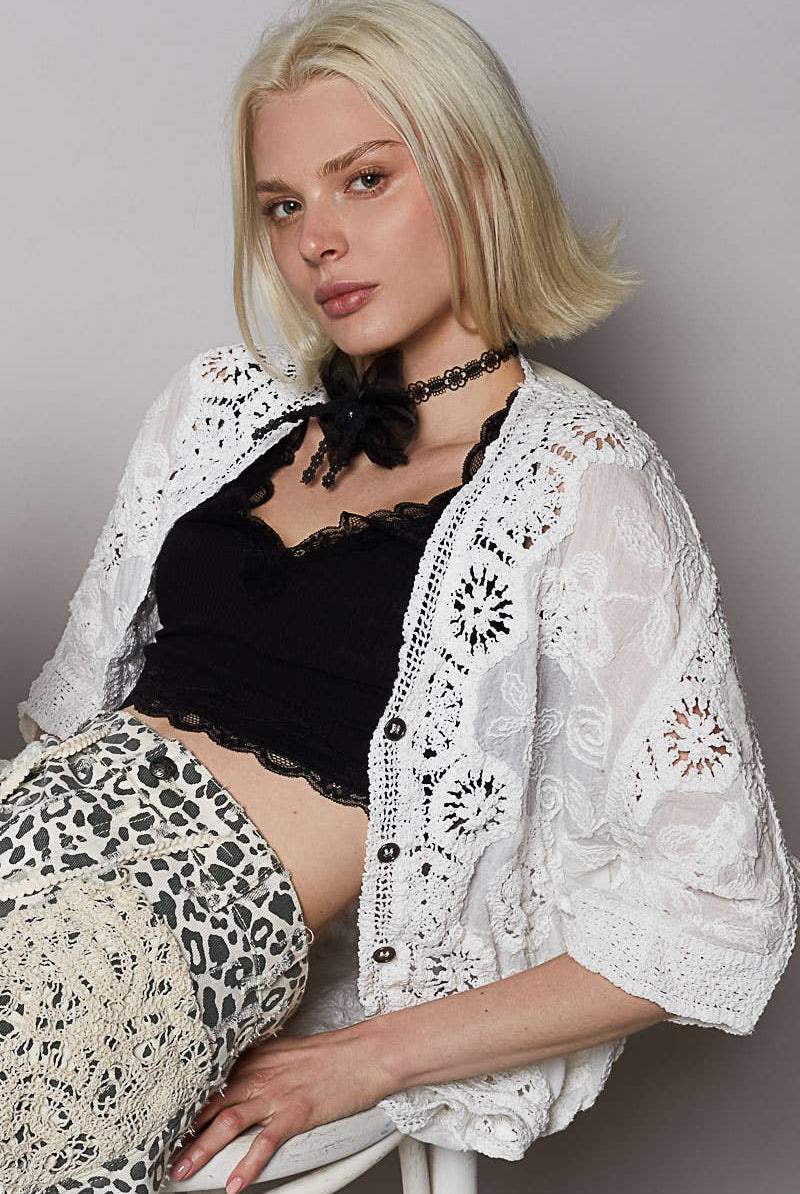 V-neck crochet woven roomy fit cardigan top-Gauze Cardigan-Pol Clothing-Stuffology - Where Vintage Meets Modern, A Boutique for Real Women in Crosbyton, TX