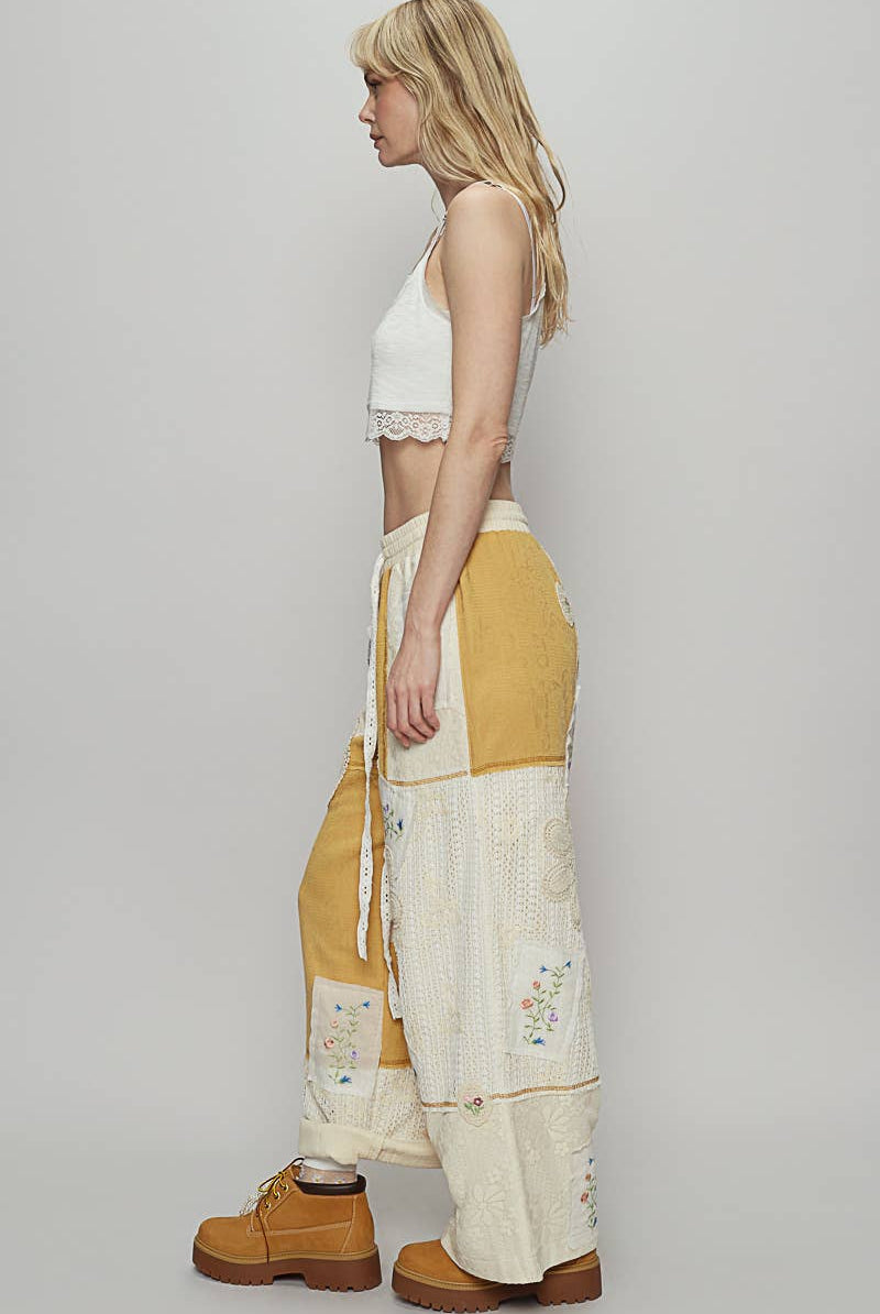 POL Clothing Honey Gold Solid Lace Patch Detail Woven Pants-Pants-Pol Clothing-Stuffology - Where Vintage Meets Modern, A Boutique for Real Women in Crosbyton, TX