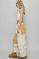 POL Clothing Honey Gold Solid Lace Patch Detail Woven Pants-Pants-Pol Clothing-Stuffology - Where Vintage Meets Modern, A Boutique for Real Women in Crosbyton, TX