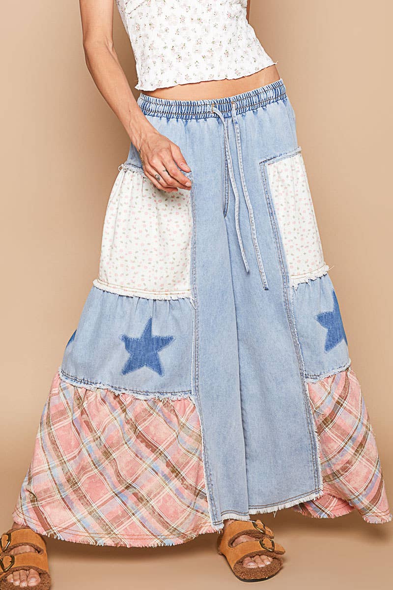 Star patch detail solid chambray wide pants-Pants-Pol Clothing-Stuffology - Where Vintage Meets Modern, A Boutique for Real Women in Crosbyton, TX