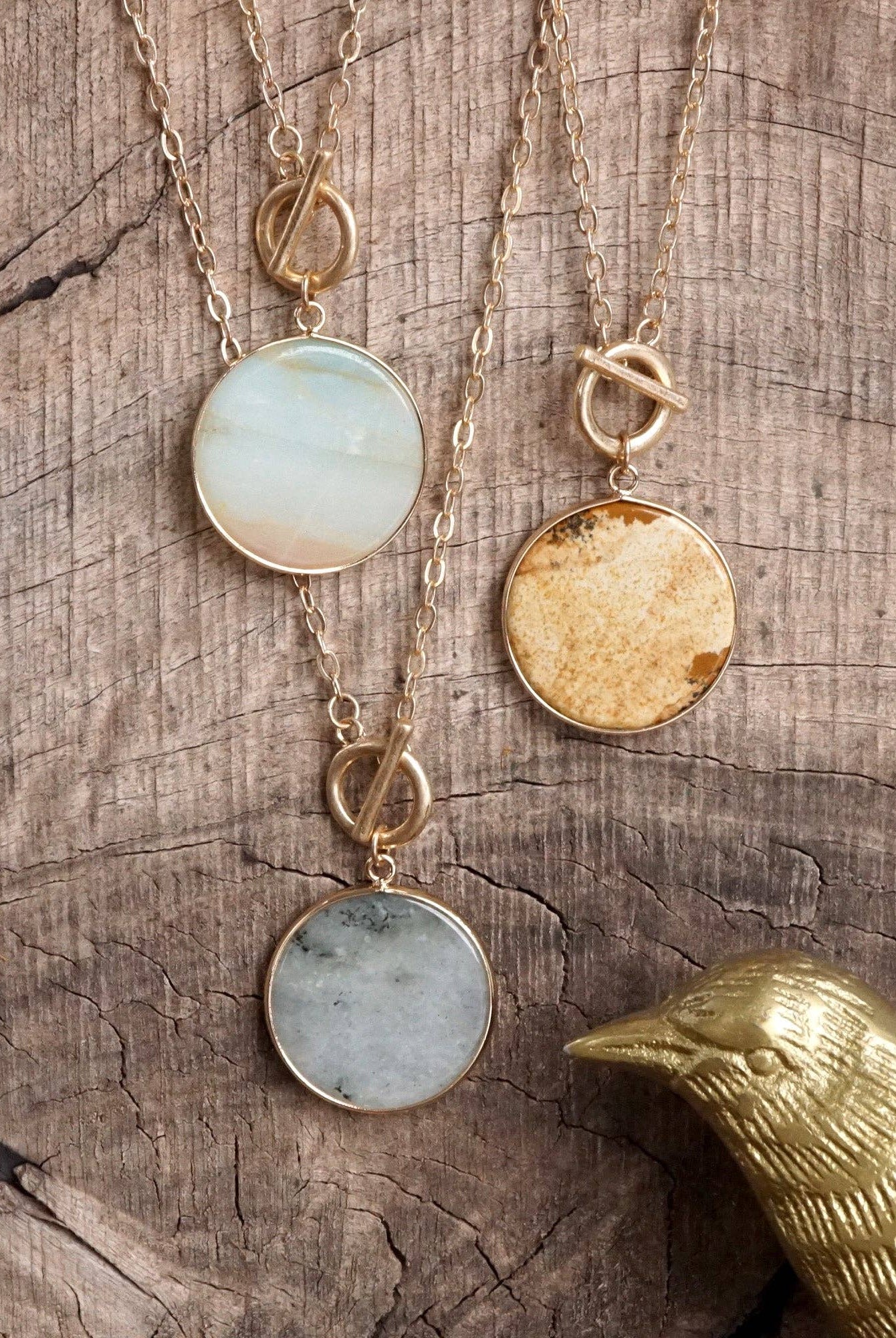 Semi-Precious Disc Pendant Front Toggle Chain Necklace-Necklaces-PennyLine inc-Stuffology - Where Vintage Meets Modern, A Boutique for Real Women in Crosbyton, TX