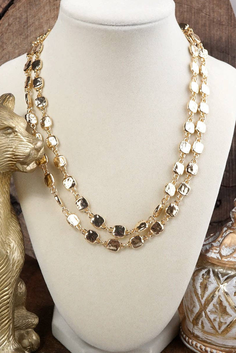 Golden Current – Textured Double Strand Square Link Necklace-Necklaces-PennyLine inc-Stuffology - Where Vintage Meets Modern, A Boutique for Real Women in Crosbyton, TX