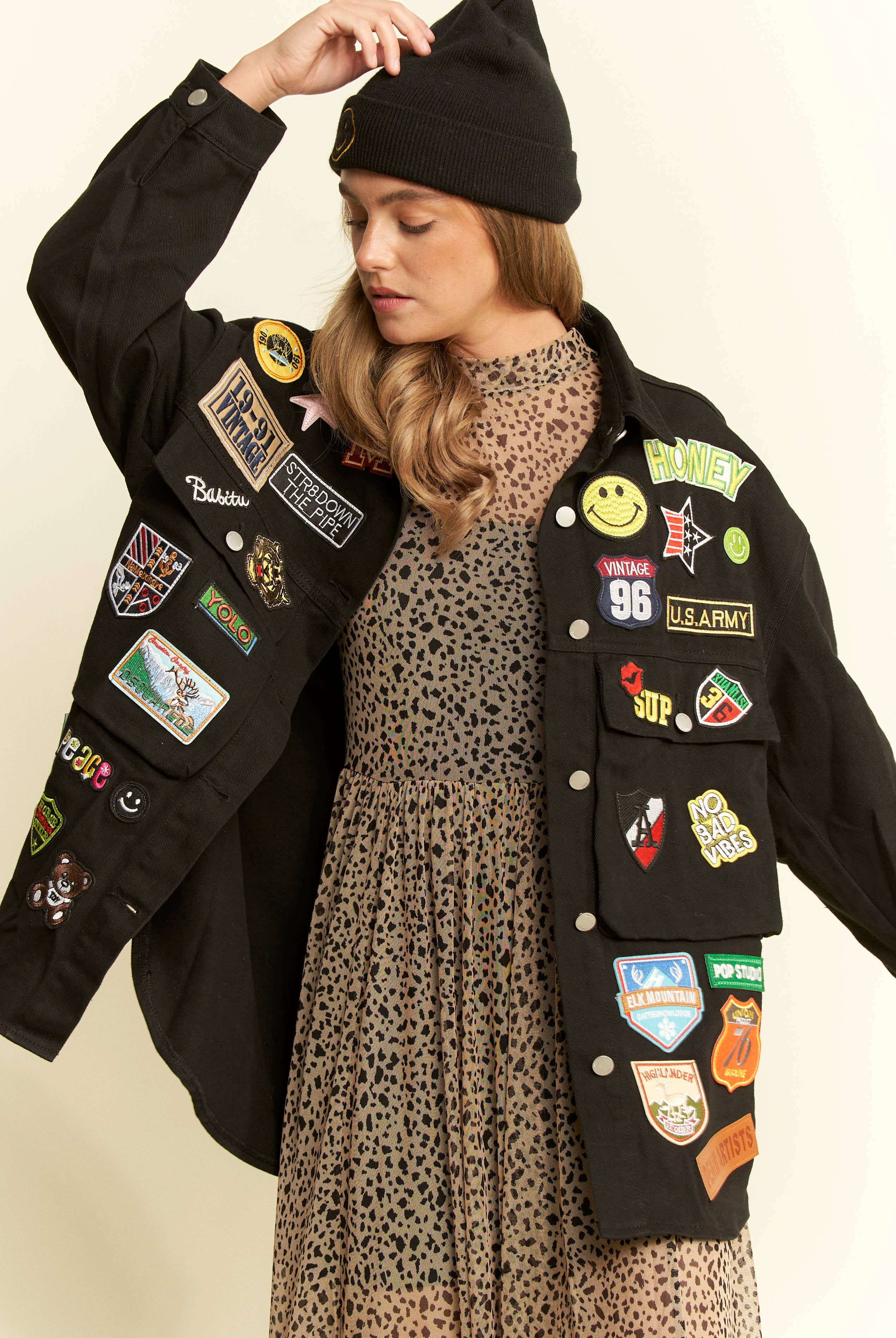 BLACK MULTI PATCH OVERSIZE JACKET-Jackets-JADE BY JANE-Stuffology - Where Vintage Meets Modern, A Boutique for Real Women in Crosbyton, TX