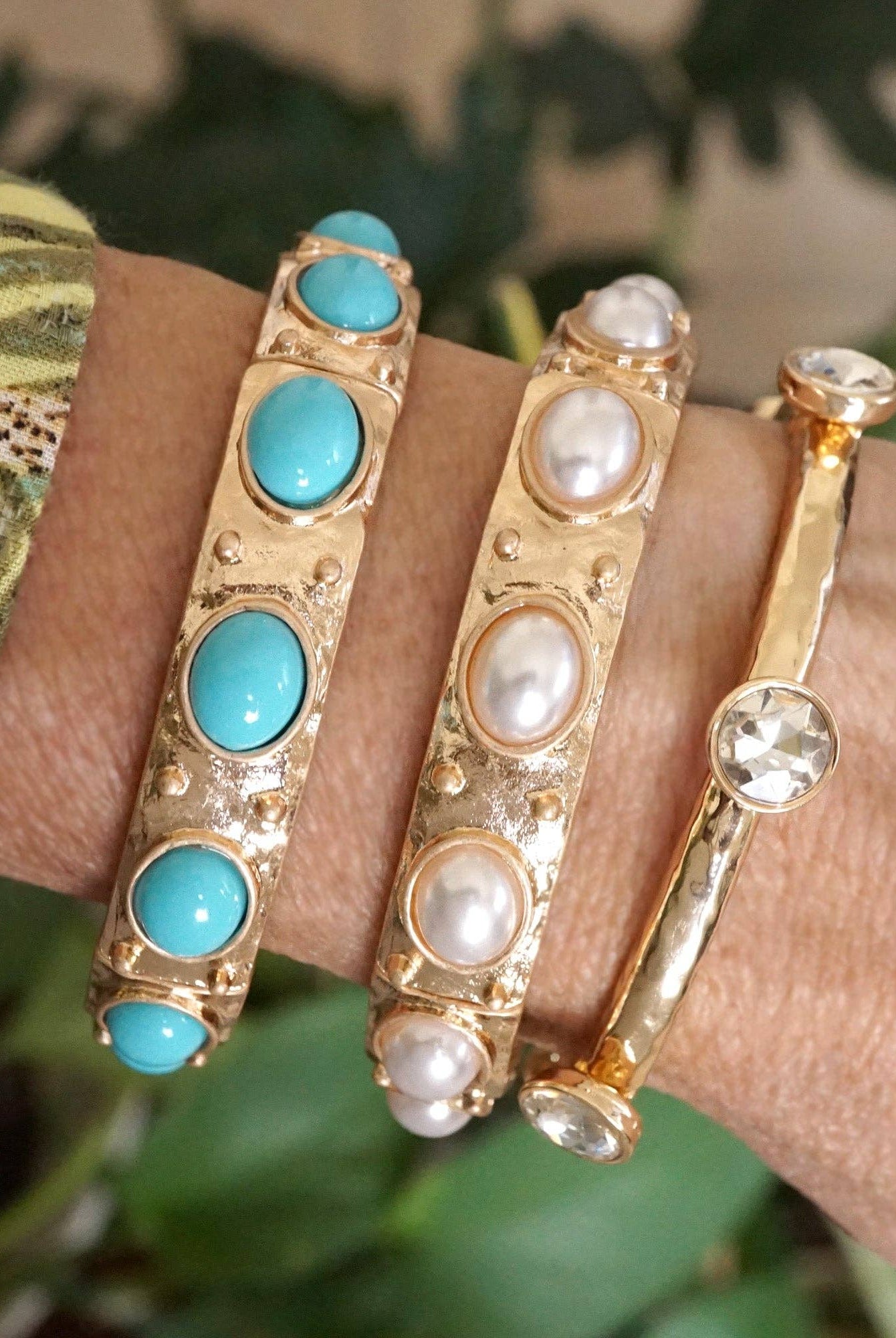 Classic Golden Stretchy Bangles – Pearl or Turquoise Accents-Bracelets-PennyLine inc-Stuffology - Where Vintage Meets Modern, A Boutique for Real Women in Crosbyton, TX