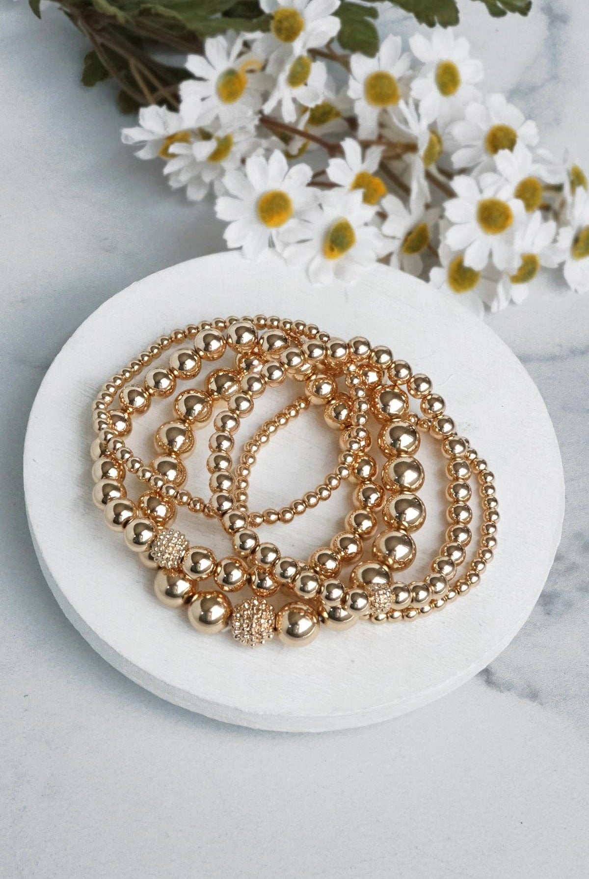 Multi size ball beaded bracelet stack Gold tone bracelet set-Bracelets-PennyLine inc-Stuffology - Where Vintage Meets Modern, A Boutique for Real Women in Crosbyton, TX