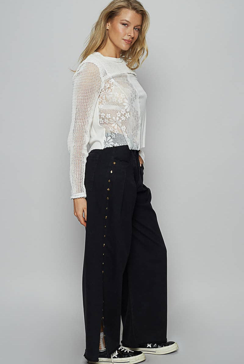 POL Clothing - Solid Stud Detail Twill Wide Woven Pants-Pol Clothing-Stuffology - Where Vintage Meets Modern, A Boutique for Real Women in Crosbyton, TX