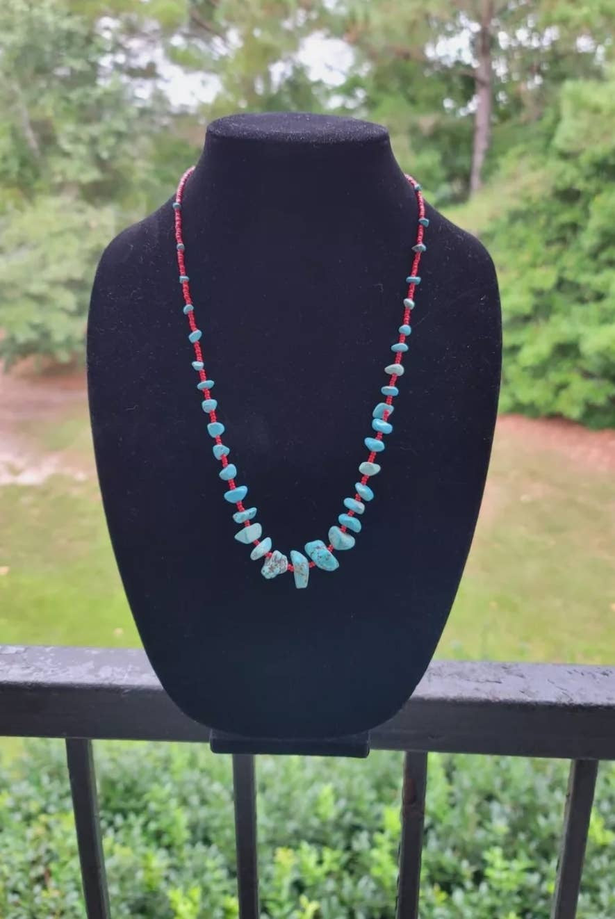 Turquoise red seed bead necklace Native American handmade-Necklaces-Horse Spirit Studio-Stuffology - Where Vintage Meets Modern, A Boutique for Real Women in Crosbyton, TX