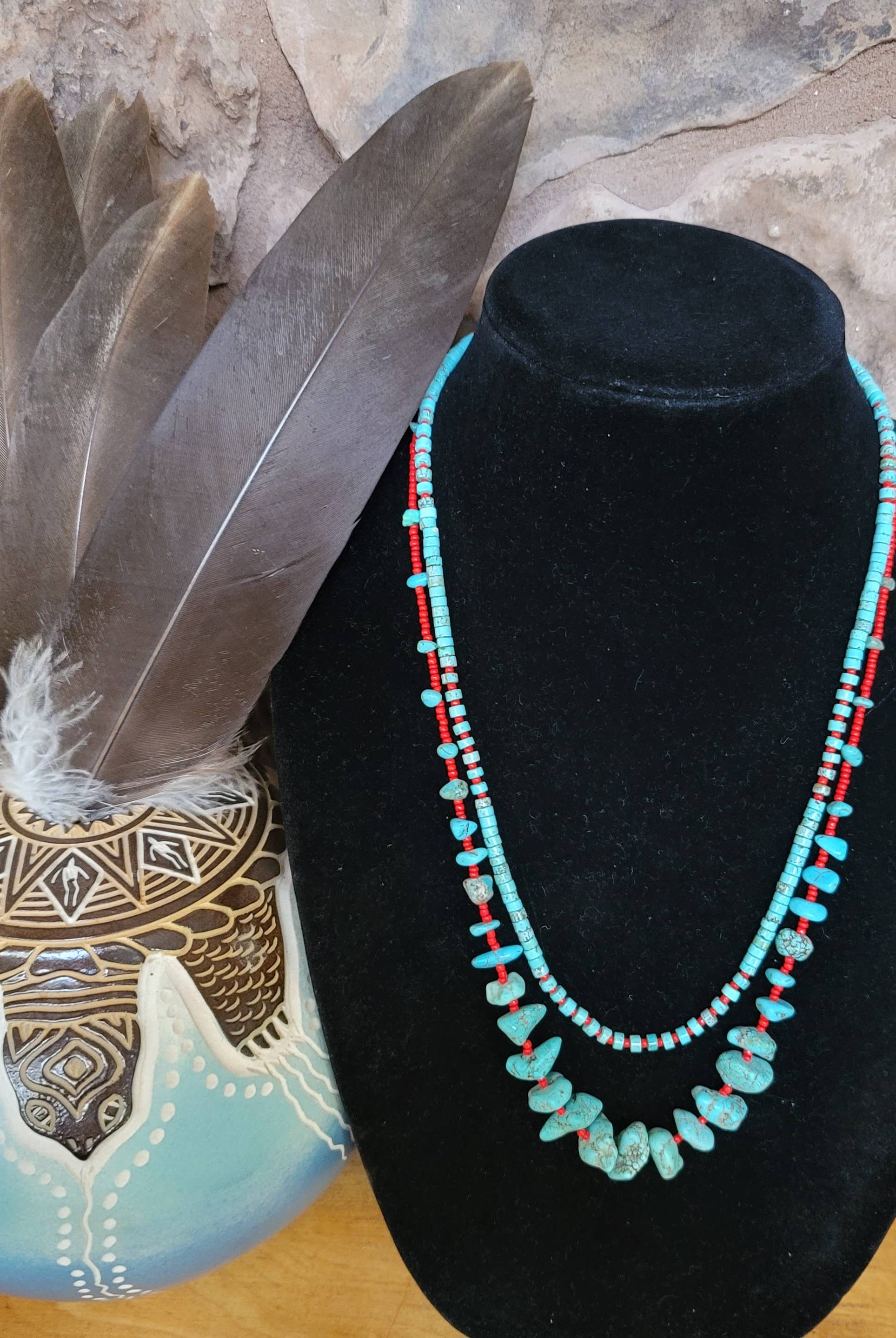 Case of 2 Turquoise, red glass bead necklaces, Native made-Necklaces-Horse Spirit Studio-Stuffology - Where Vintage Meets Modern, A Boutique for Real Women in Crosbyton, TX