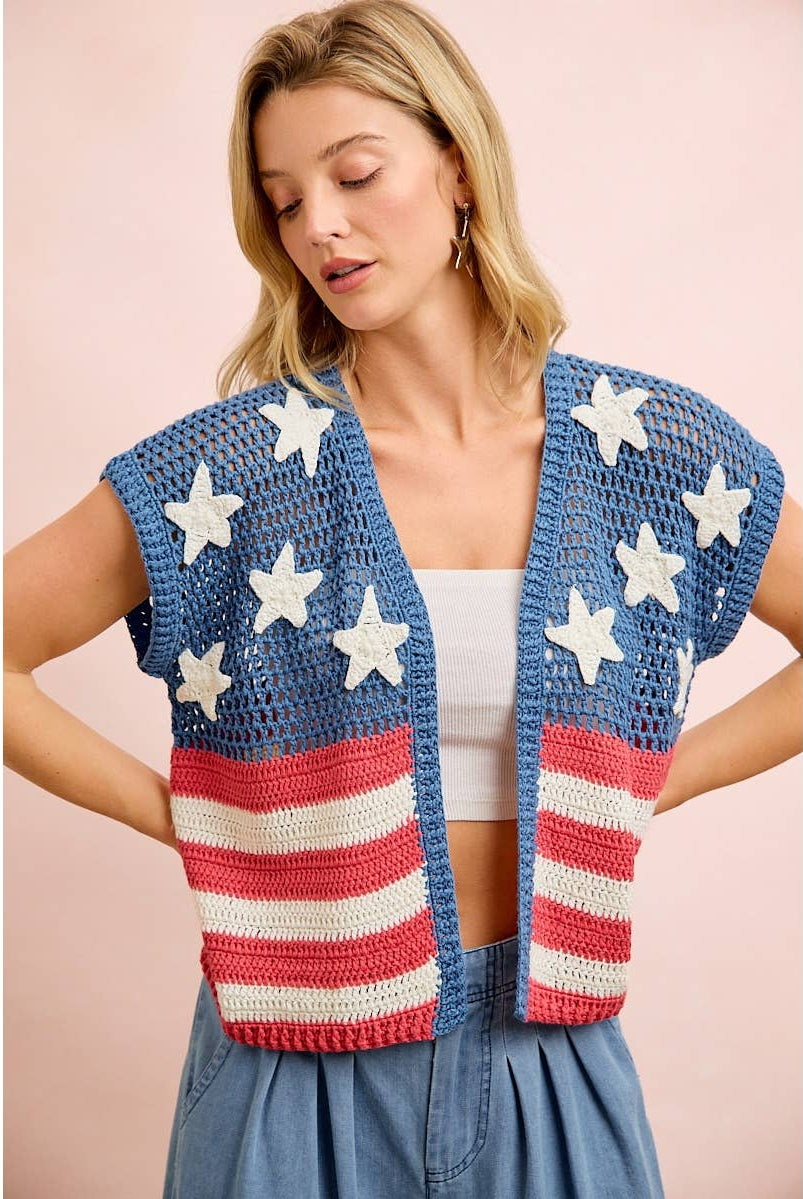 American Flag Short Sleeve Cardigan-Cardigan-BiBi-Stuffology - Where Vintage Meets Modern, A Boutique for Real Women in Crosbyton, TX
