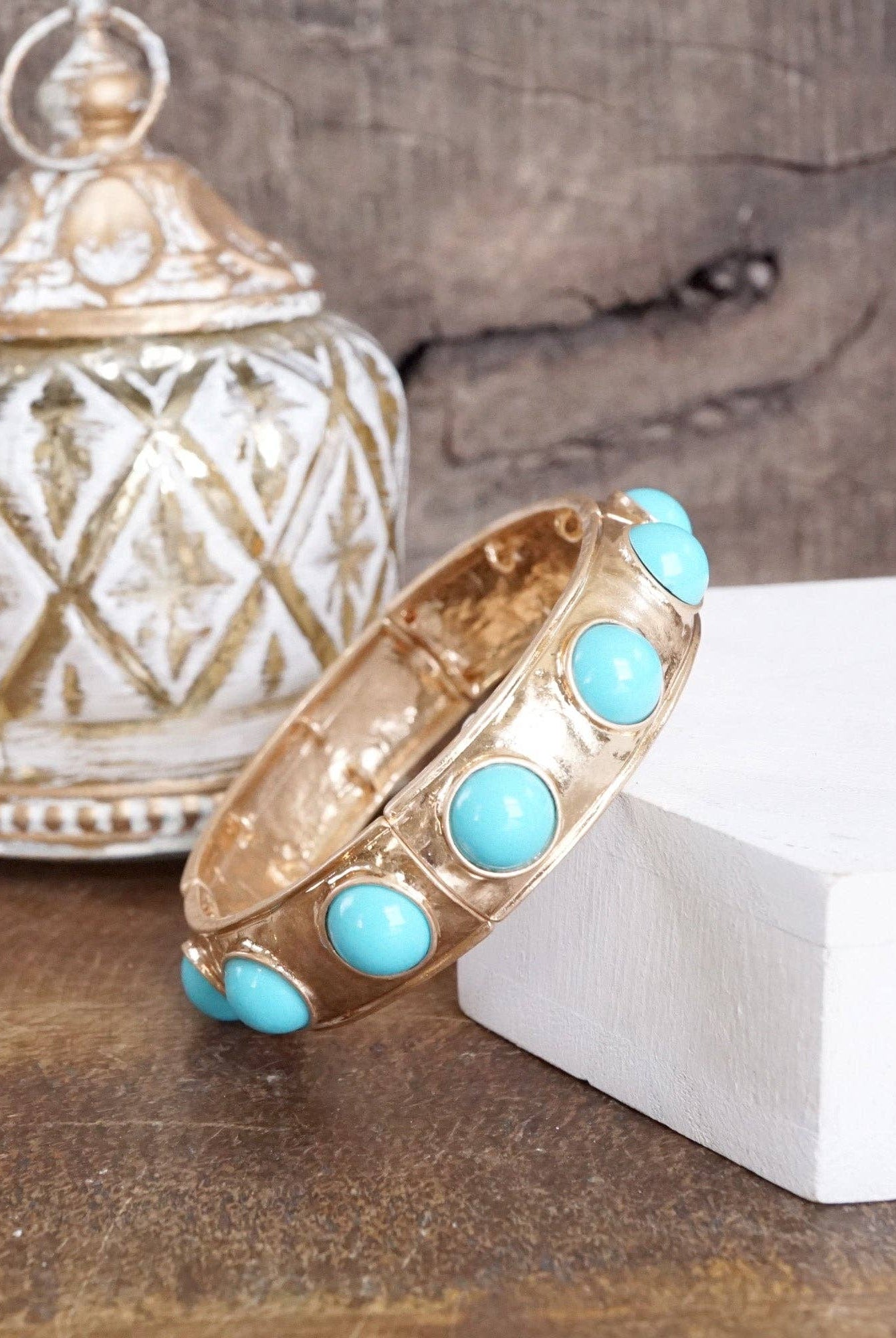 Eternity Statement Bangle Gold Tone Turquoise-Bracelets-PennyLine inc-Stuffology - Where Vintage Meets Modern, A Boutique for Real Women in Crosbyton, TX