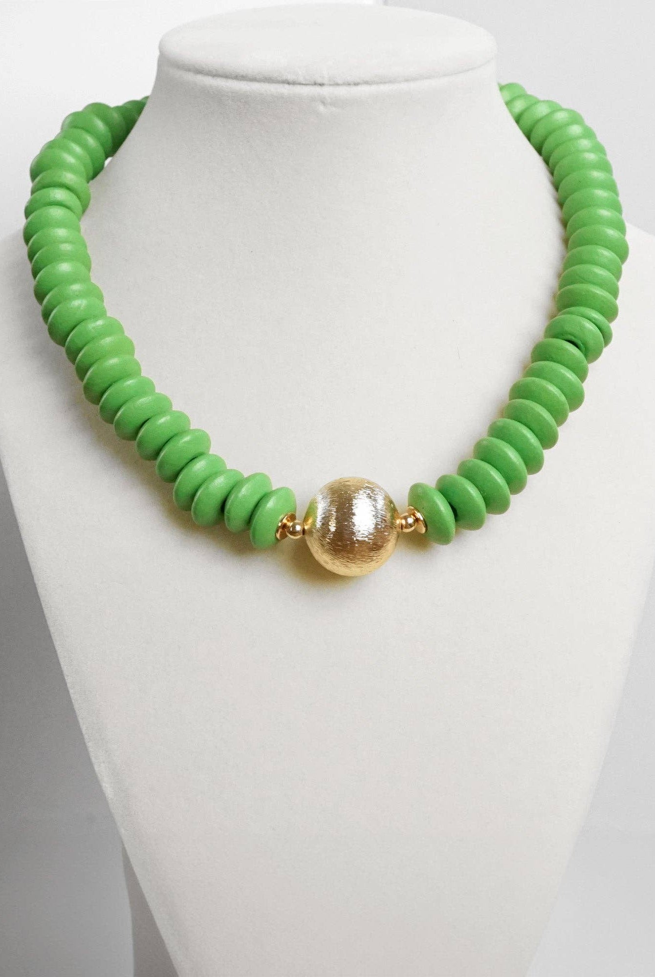 Wood Saucer Beads Short Statement Necklace Gold center Hot Pink Beige Turquoise-Necklaces-PennyLine inc-Stuffology - Where Vintage Meets Modern, A Boutique for Real Women in Crosbyton, TX