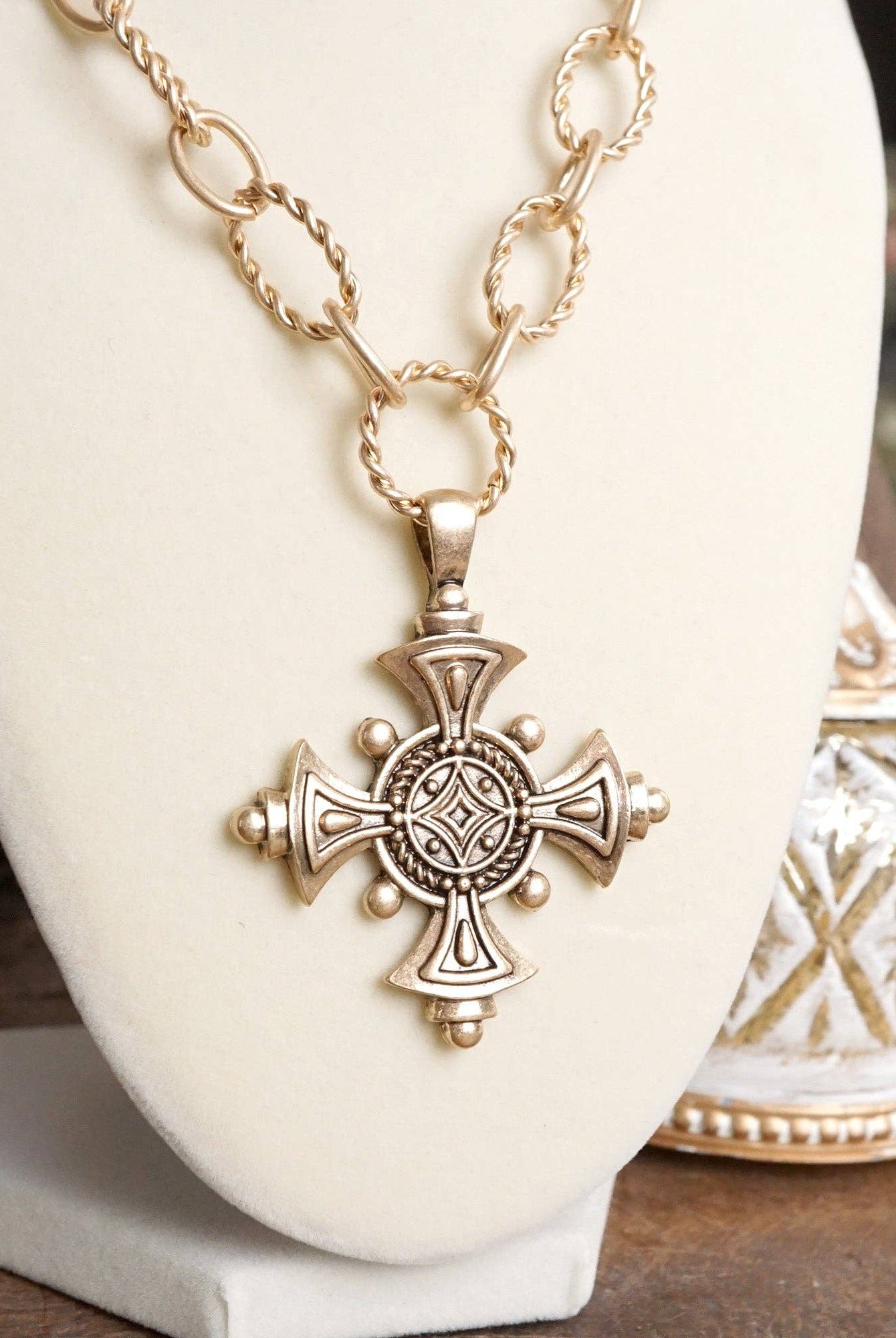 Decorative Cross Statement Necklace – Worn Gold Tone-Necklaces-PennyLine inc-Stuffology - Where Vintage Meets Modern, A Boutique for Real Women in Crosbyton, TX