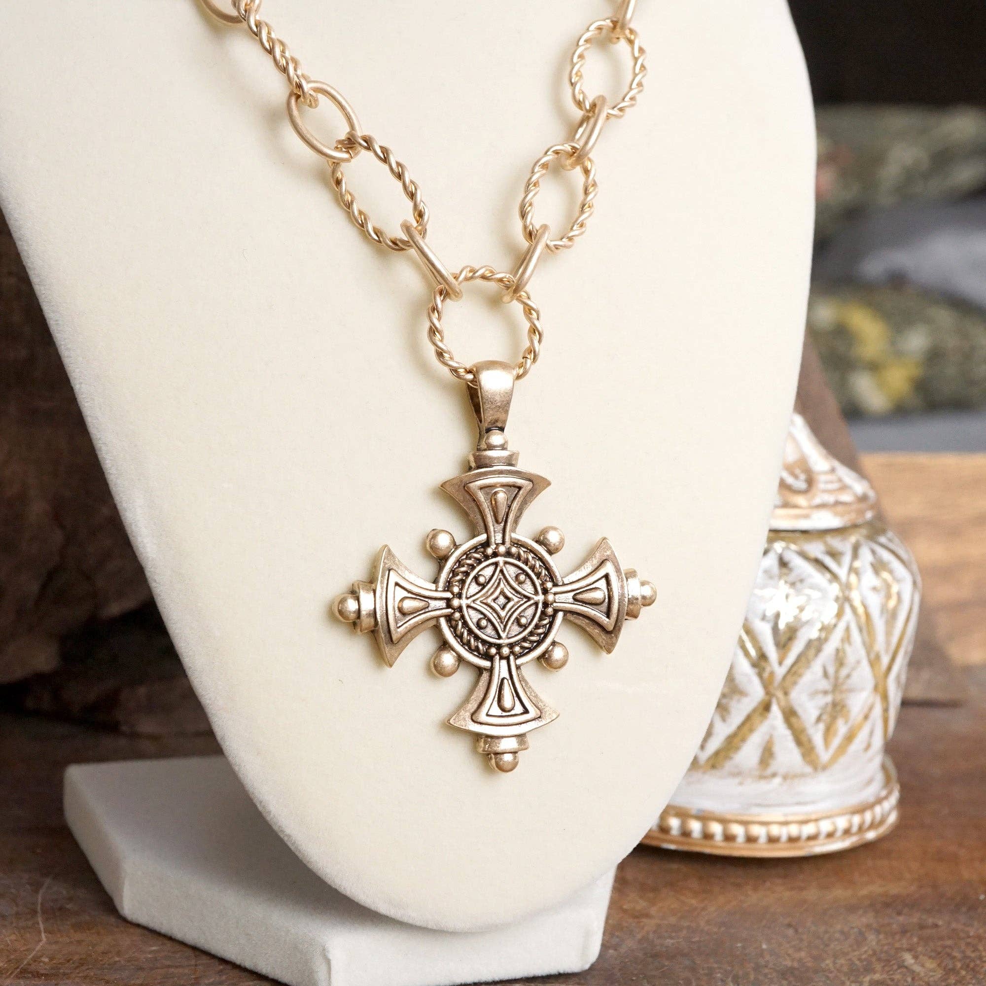 Decorative Cross Statement Necklace – Worn Gold Tone-Necklaces-PennyLine inc-Stuffology - Where Vintage Meets Modern, A Boutique for Real Women in Crosbyton, TX