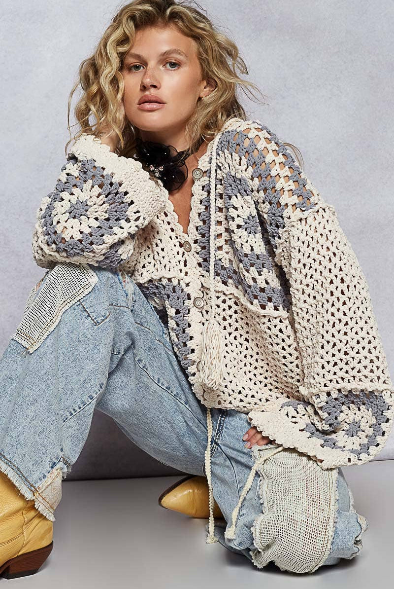 Hand knit squares hooded button closure cardigan-Sweater Cardigan-Pol Clothing-Stuffology - Where Vintage Meets Modern, A Boutique for Real Women in Crosbyton, TX