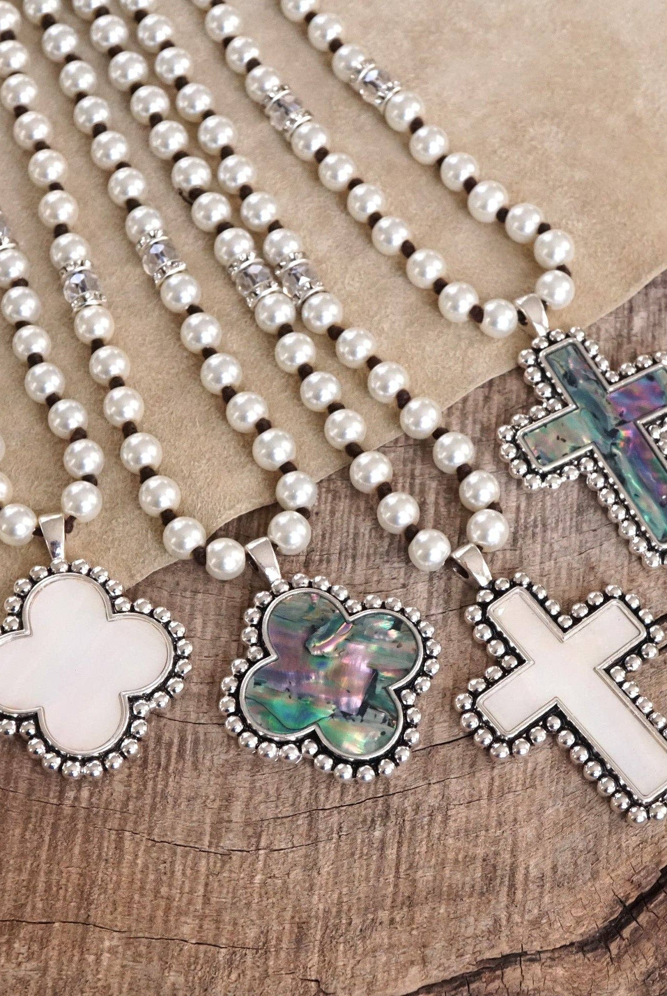 Pearlized beads Necklace with Cross and Clover pendant Mother of Pearl Abalone-PennyLine inc-Stuffology - Where Vintage Meets Modern, A Boutique for Real Women in Crosbyton, TX