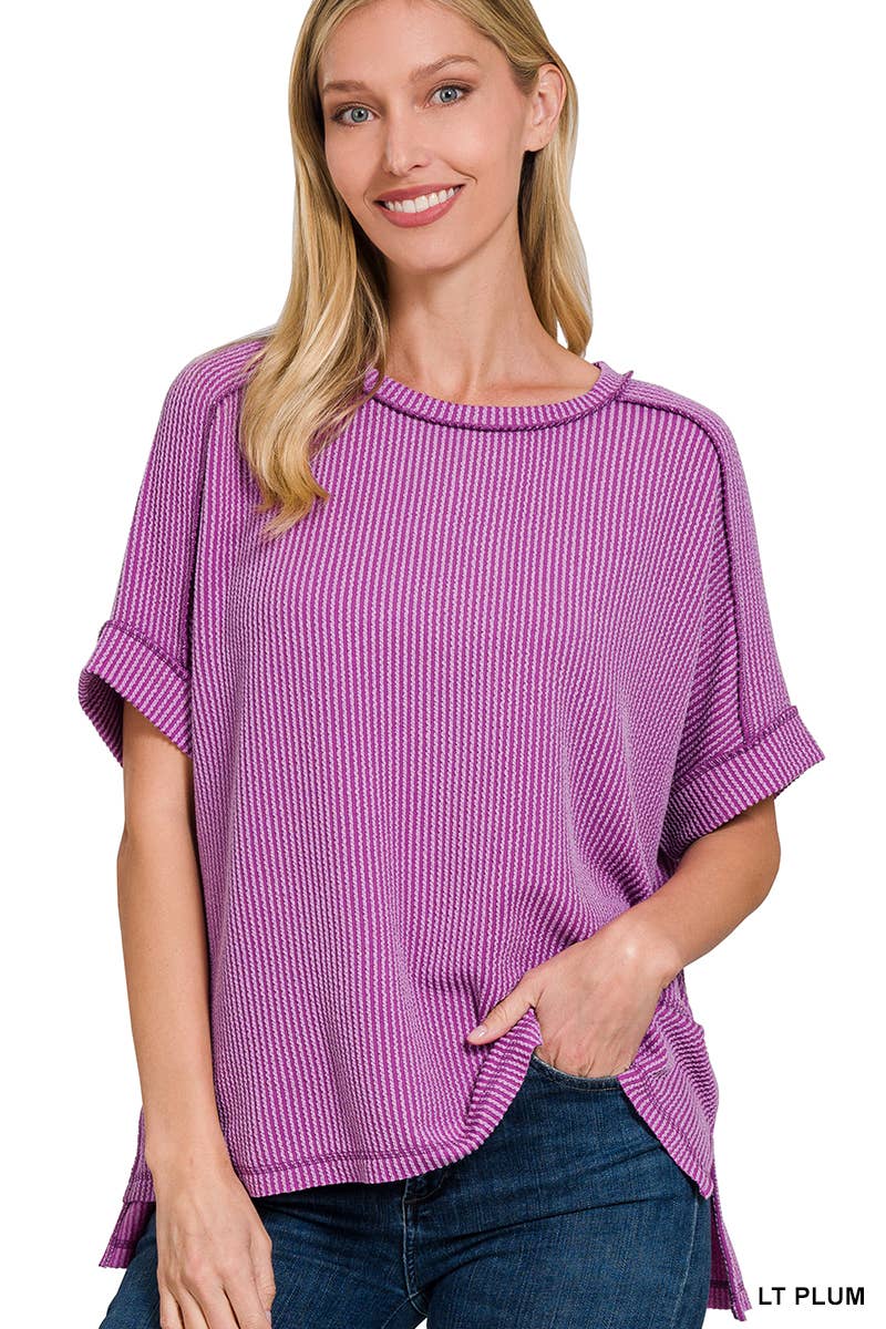 Corded Rib Short Cuff Sleeve Raw Edge Top-TOP-Stuffology Boutique-Stuffology - Where Vintage Meets Modern, A Boutique for Real Women in Crosbyton, TX