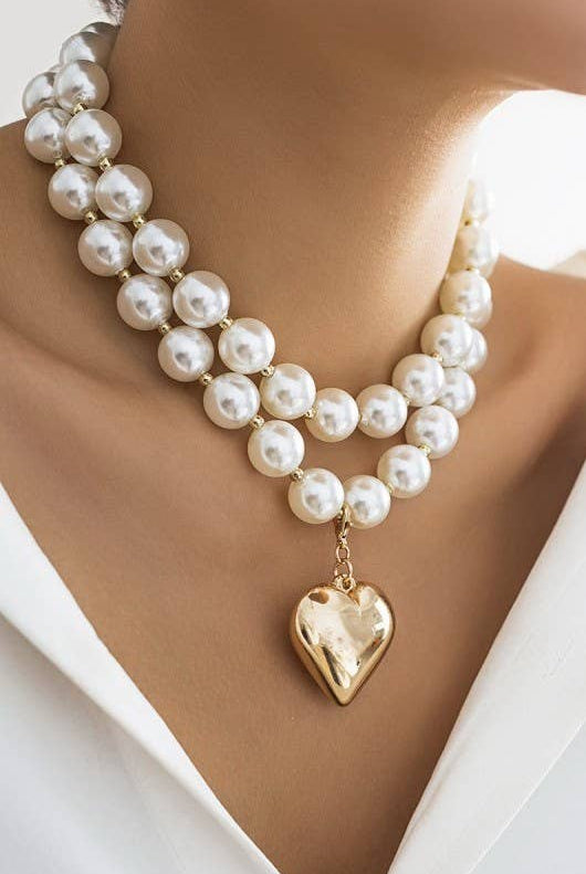LUSTROUS PEARL BEADED LAYERED HEART NECKLACE-Necklaces-JOSSLYN by wall to wall-Stuffology - Where Vintage Meets Modern, A Boutique for Real Women in Crosbyton, TX