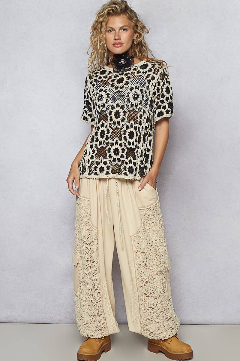 POL Clothing Round neck short sleeve crochet knit top-Top-Pol Clothing-Stuffology - Where Vintage Meets Modern, A Boutique for Real Women in Crosbyton, TX