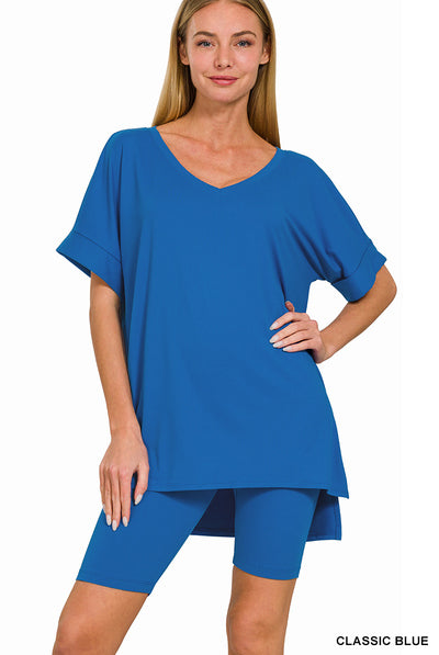 Brushed Microfiber V Neck Top and Biker Short Set-Matching Sets-Zenana-Stuffology - Where Vintage Meets Modern, A Boutique for Real Women in Crosbyton, TX