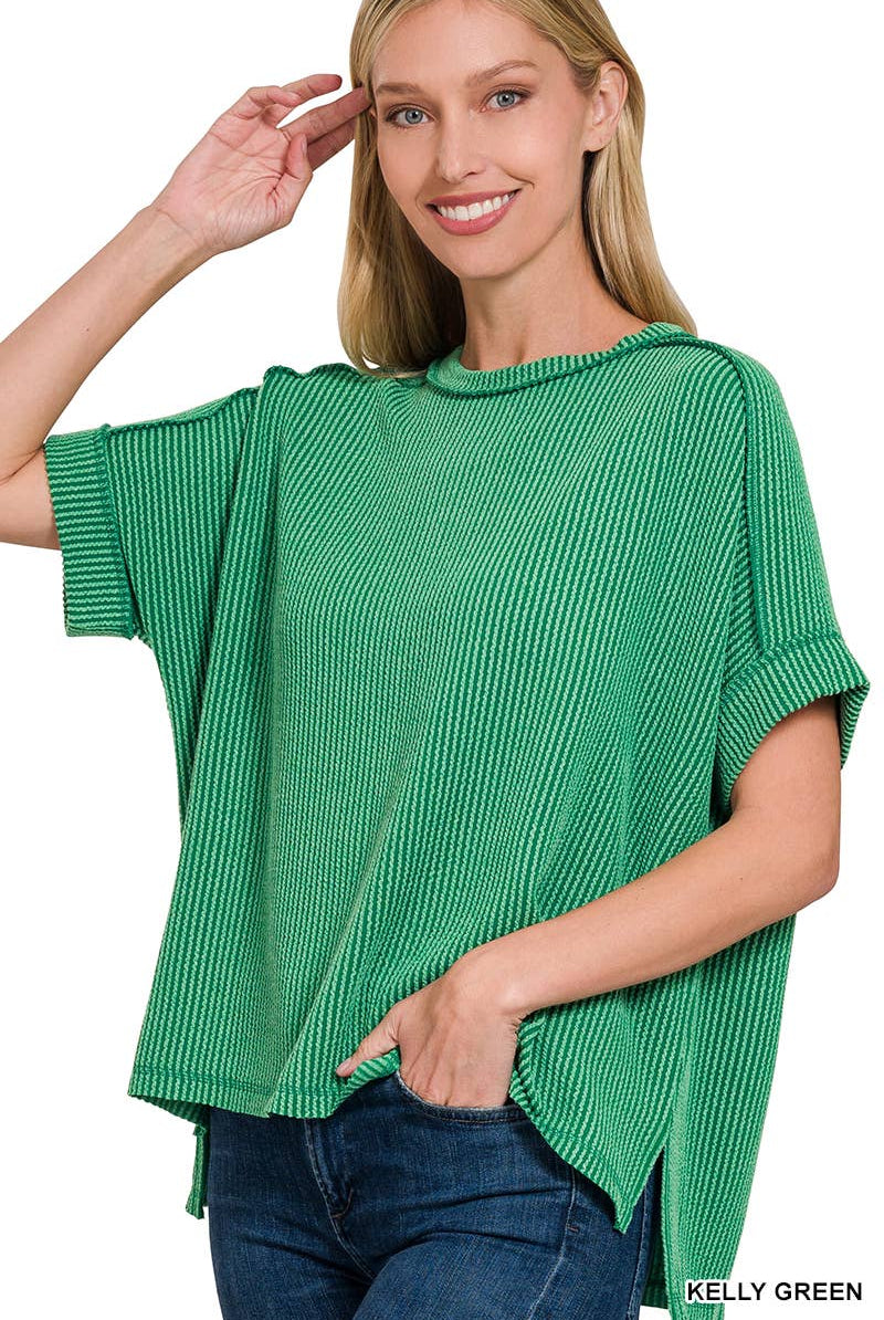 Corded Rib Short Cuff Sleeve Raw Edge Top-TOP-Stuffology Boutique-Stuffology - Where Vintage Meets Modern, A Boutique for Real Women in Crosbyton, TX