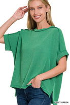 Corded Rib Short Cuff Sleeve Raw Edge Top-TOP-Stuffology Boutique-Stuffology - Where Vintage Meets Modern, A Boutique for Real Women in Crosbyton, TX