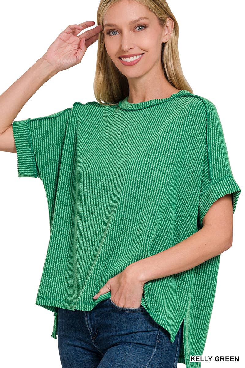 Corded Rib Short Cuff Sleeve Raw Edge Top-TOP-Stuffology Boutique-Stuffology - Where Vintage Meets Modern, A Boutique for Real Women in Crosbyton, TX