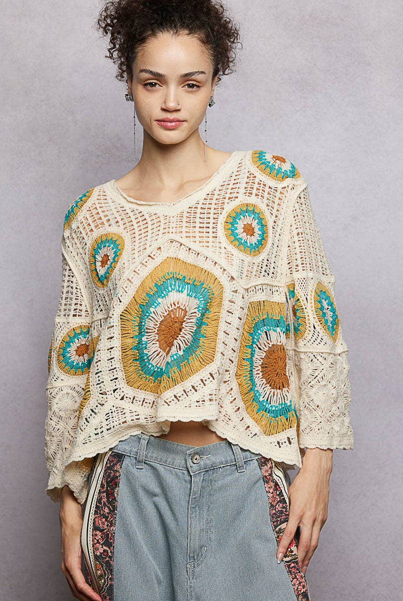 V-Neck Granny Circle Motif Scalloped Edge Crochet Top-Crochet Top-Pol Clothing-Stuffology - Where Vintage Meets Modern, A Boutique for Real Women in Crosbyton, TX