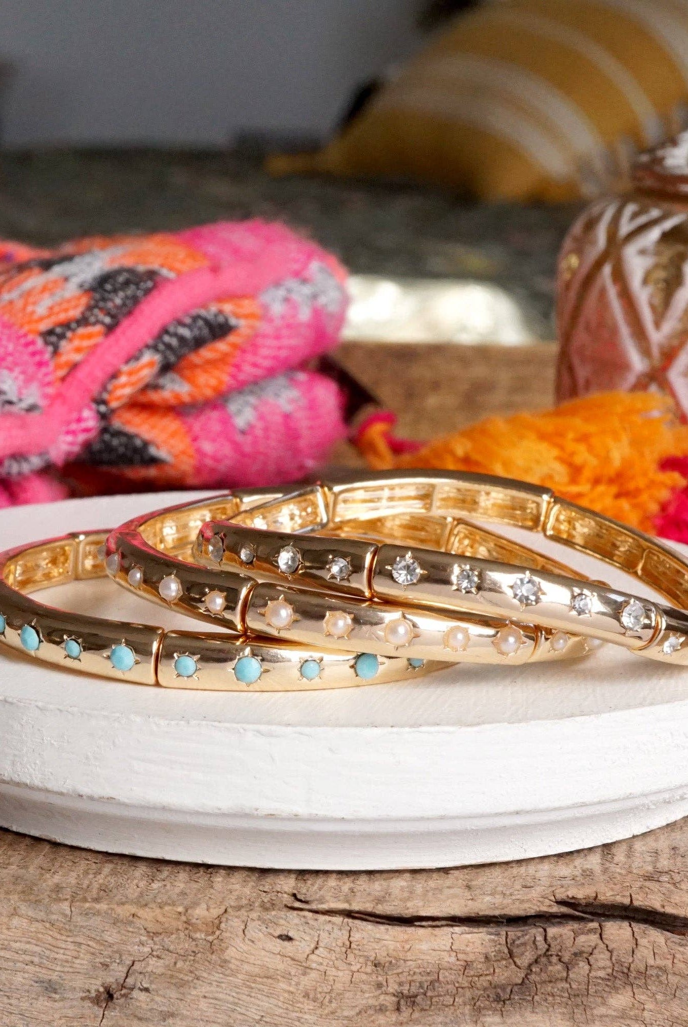 Gold-Tone Eternity Stretch Bangle – Pearls, Turquoise, or Crystals-Bracelets-PennyLine inc-Stuffology - Where Vintage Meets Modern, A Boutique for Real Women in Crosbyton, TX