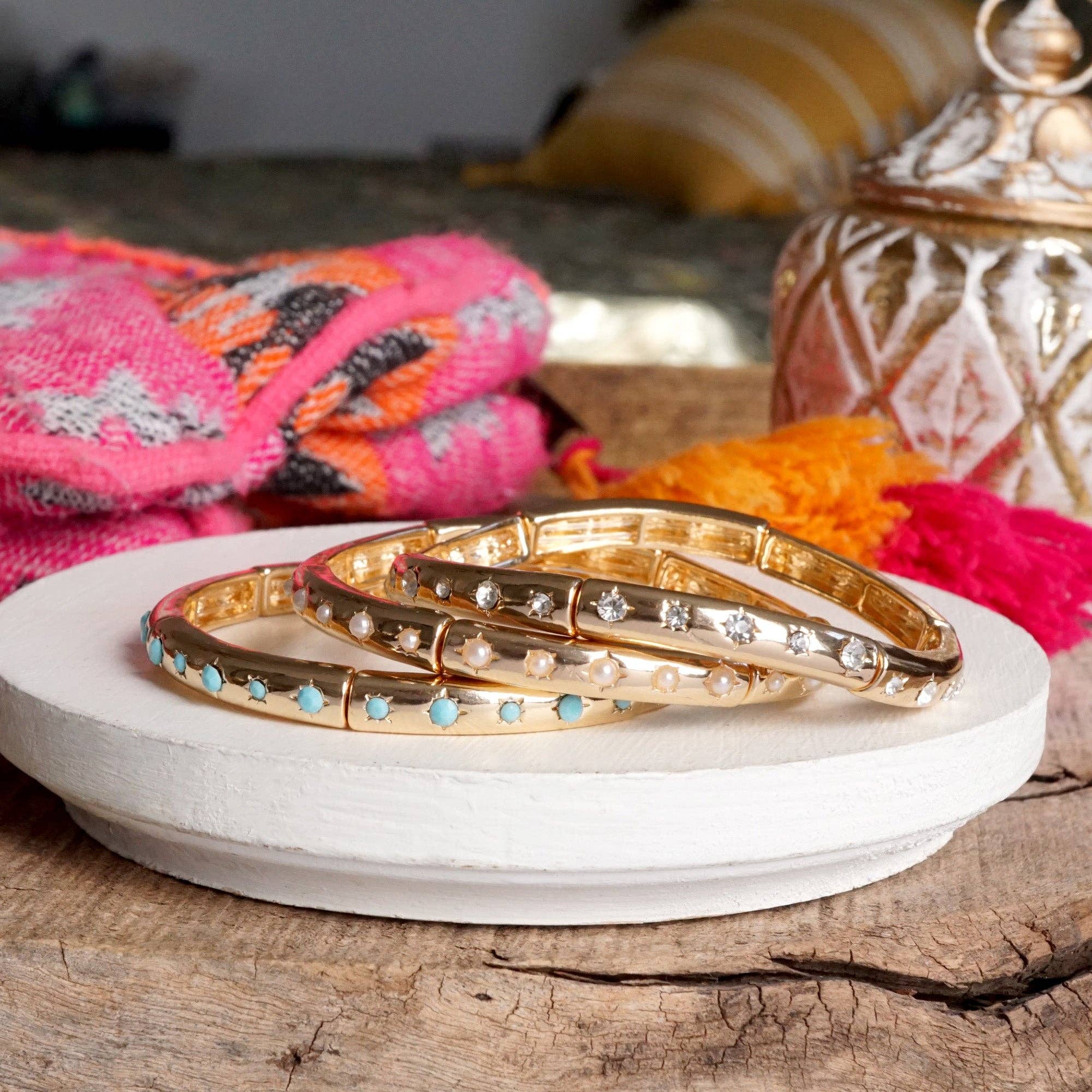 Gold-Tone Eternity Stretch Bangle – Pearls, Turquoise, or Crystals-Bracelets-PennyLine inc-Stuffology - Where Vintage Meets Modern, A Boutique for Real Women in Crosbyton, TX