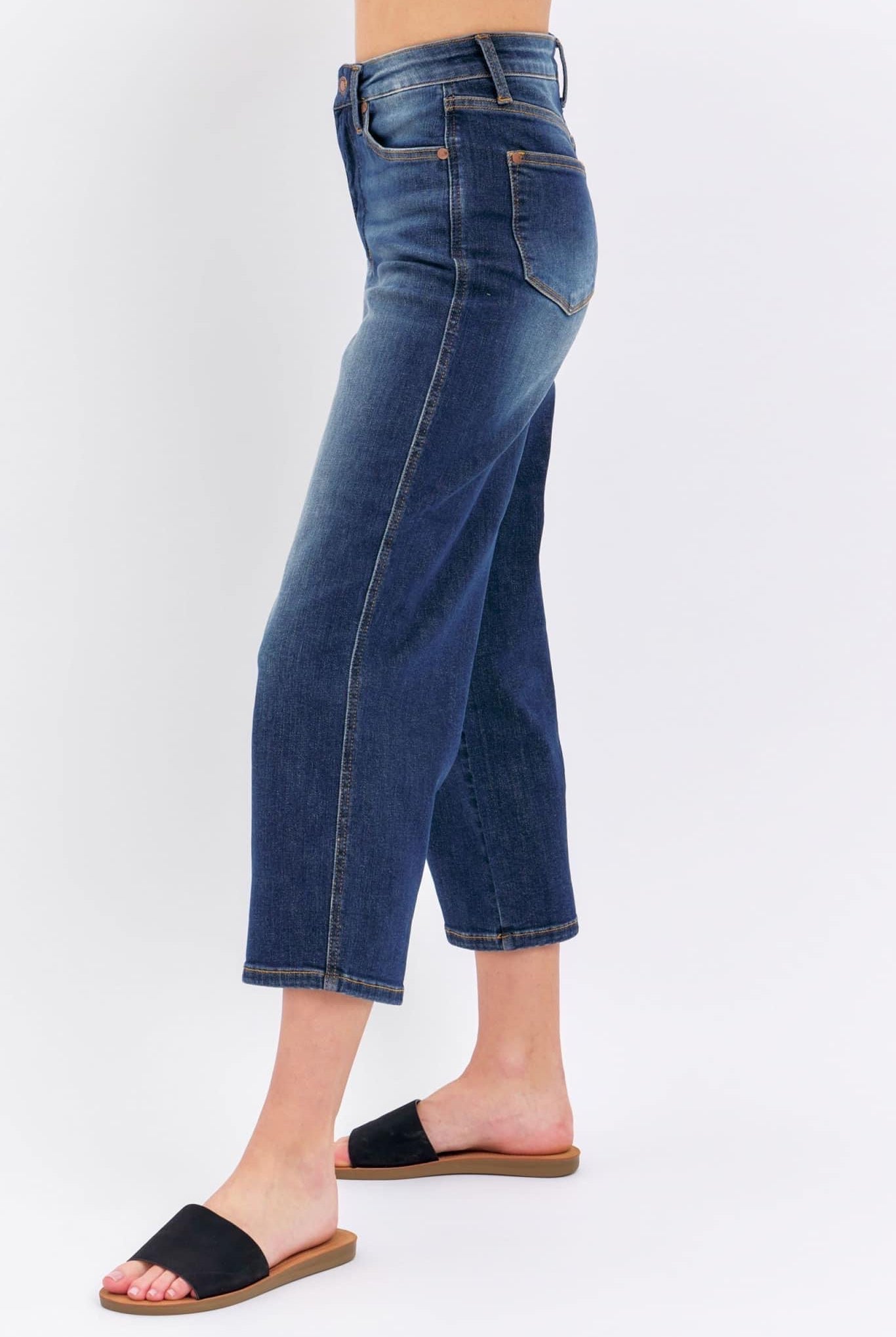 Judy Blue Midrise Tummy Control Wide Crop Jeans - Dark Wash-Jeans-Judy Blue-Stuffology - Where Vintage Meets Modern, A Boutique for Real Women in Crosbyton, TX