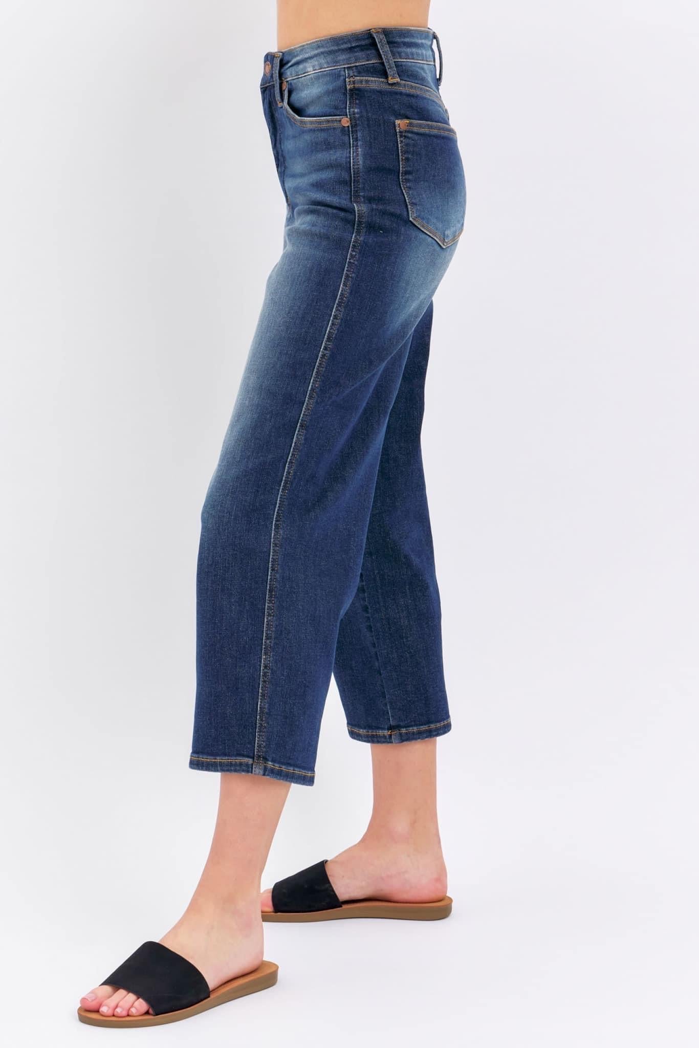 Judy Blue Midrise Tummy Control Wide Crop Jeans - Dark Wash-Jeans-Judy Blue-Stuffology - Where Vintage Meets Modern, A Boutique for Real Women in Crosbyton, TX