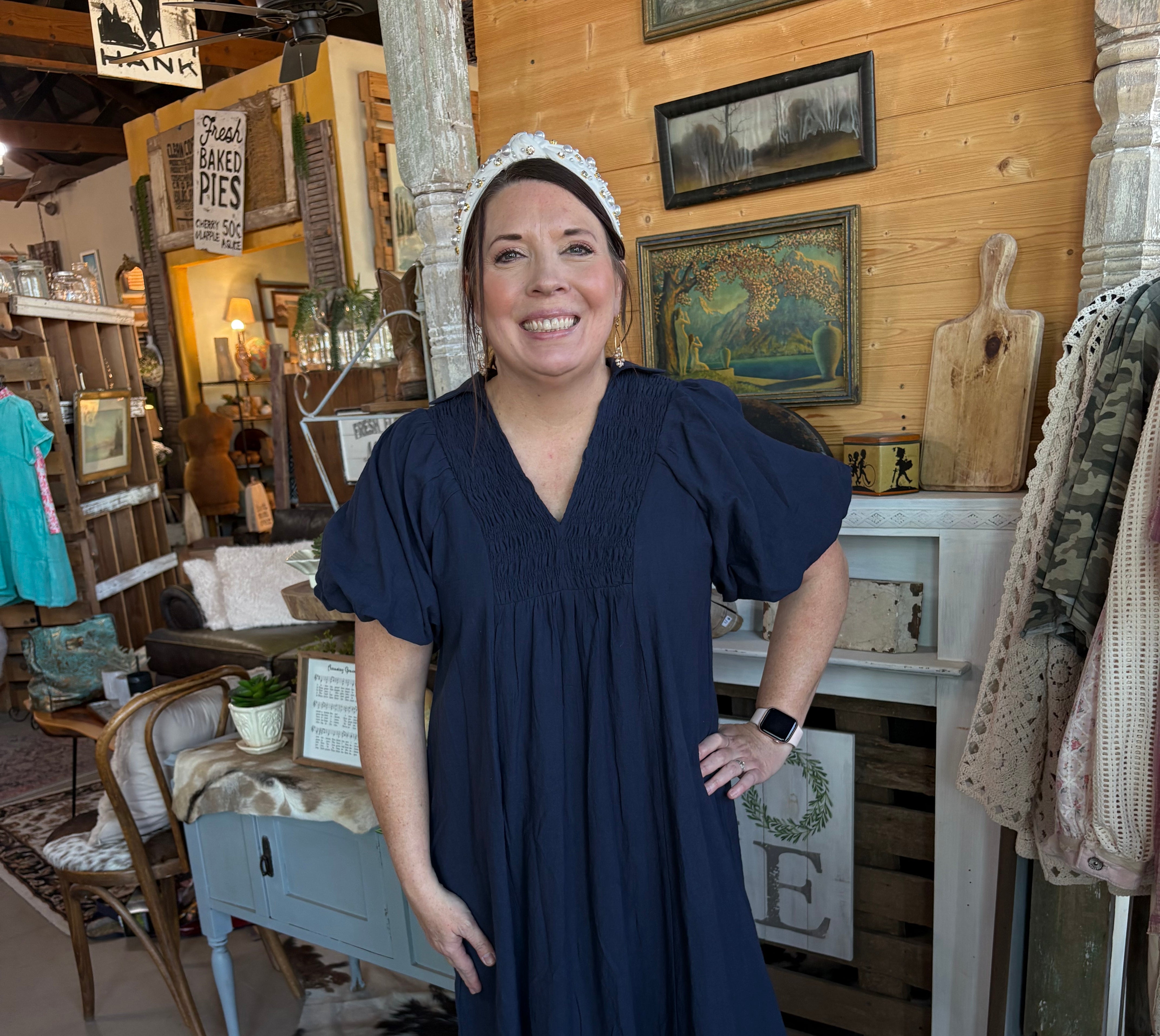 Navy Smocked Front Yoke Midi Dress-Dresses-Umgee-Stuffology - Where Vintage Meets Modern, A Boutique for Real Women in Crosbyton, TX