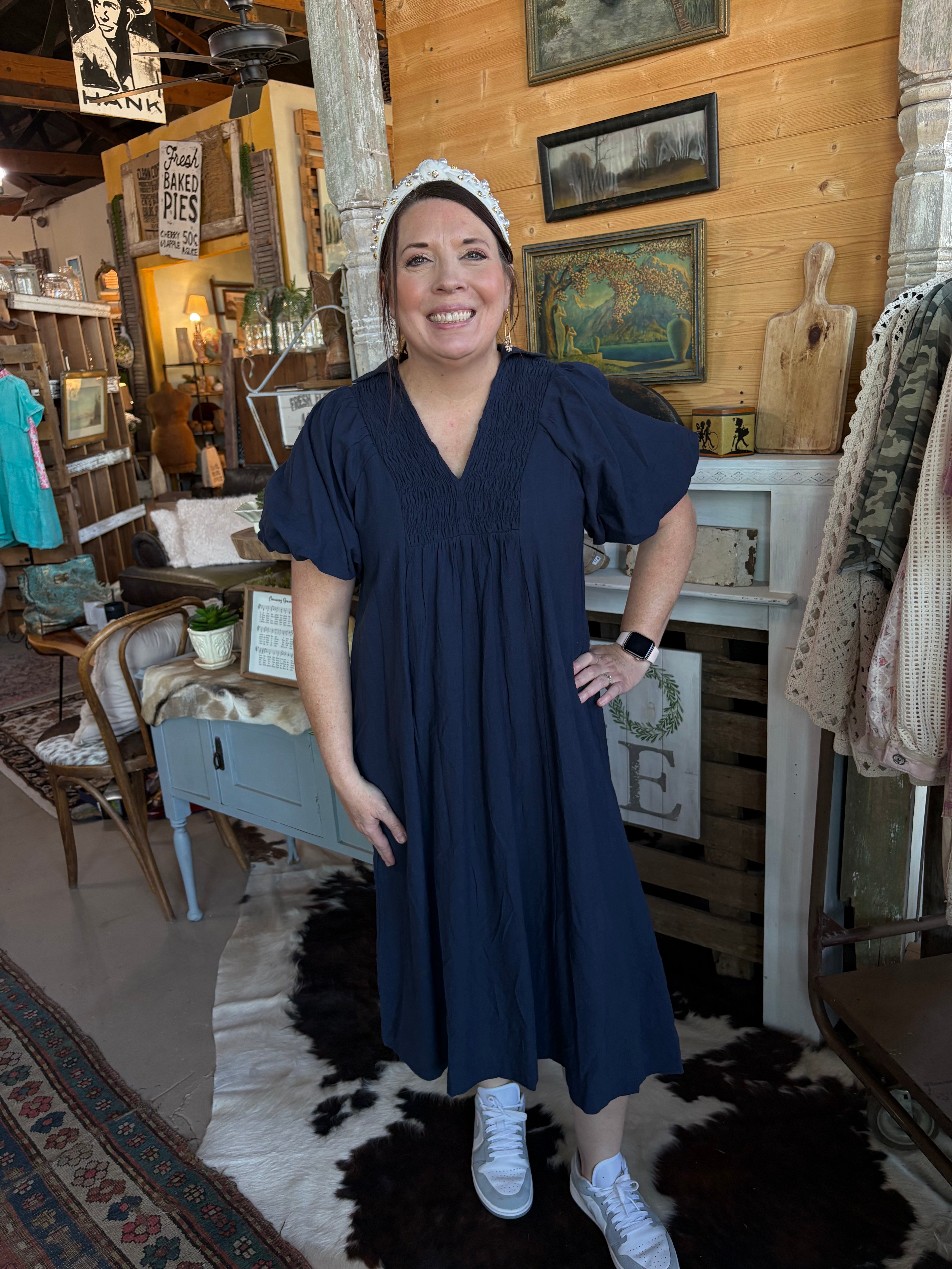Navy Smocked Front Yoke Midi Dress-Dresses-Umgee-Stuffology - Where Vintage Meets Modern, A Boutique for Real Women in Crosbyton, TX