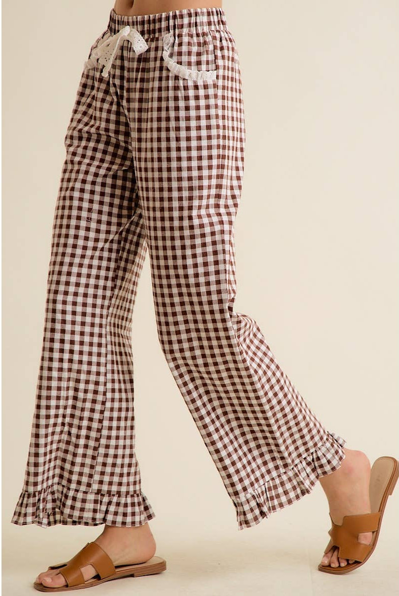 GINGHAM LACE RUFFLED PULL ON PANTS-So Me-Stuffology - Where Vintage Meets Modern, A Boutique for Real Women in Crosbyton, TX