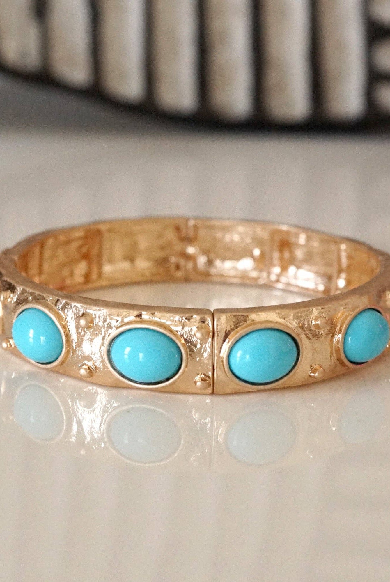 Classic Golden Stretchy Bangles – Pearl or Turquoise Accents-Bracelets-PennyLine inc-Stuffology - Where Vintage Meets Modern, A Boutique for Real Women in Crosbyton, TX