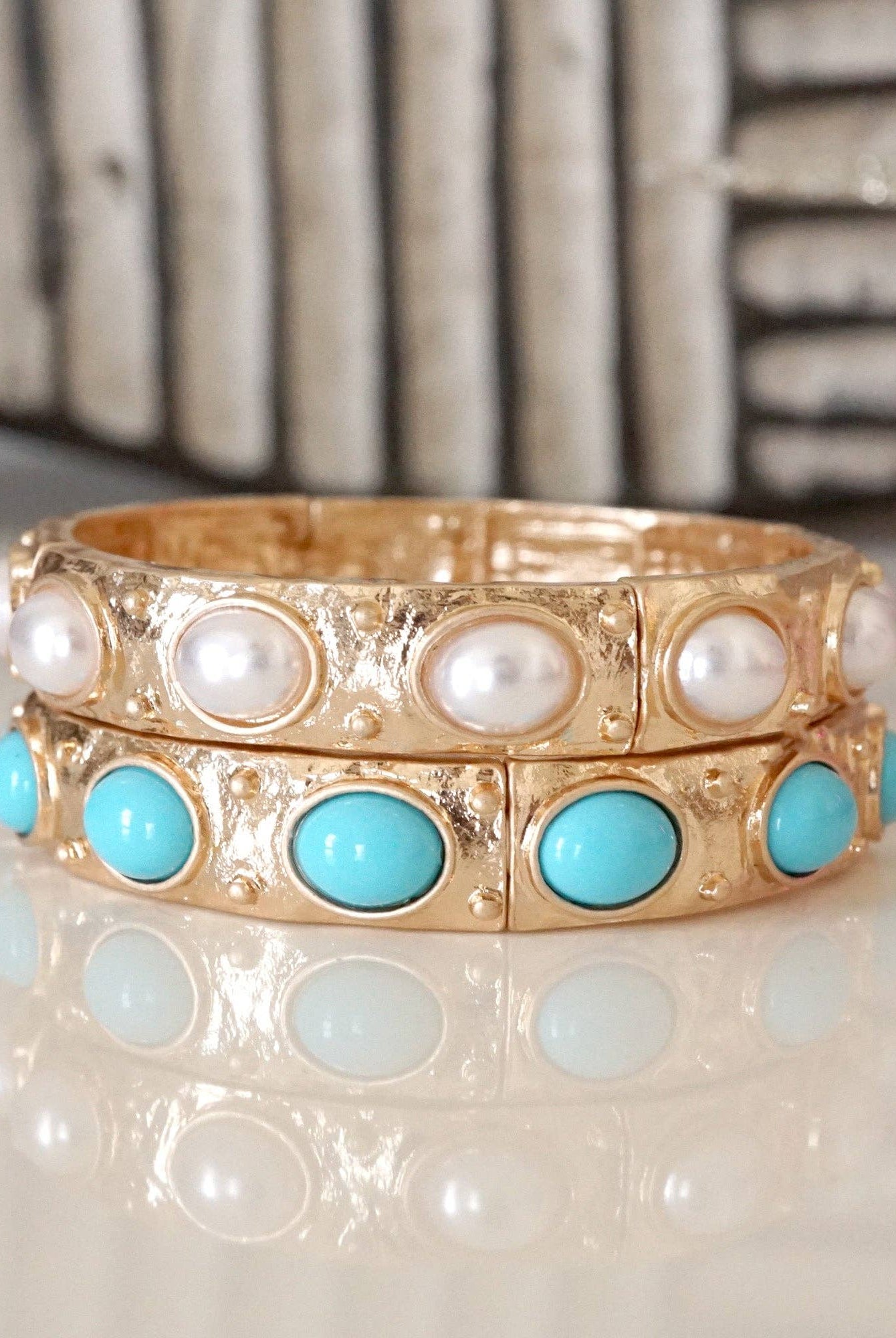 Classic Golden Stretchy Bangles – Pearl or Turquoise Accents-Bracelets-PennyLine inc-Stuffology - Where Vintage Meets Modern, A Boutique for Real Women in Crosbyton, TX