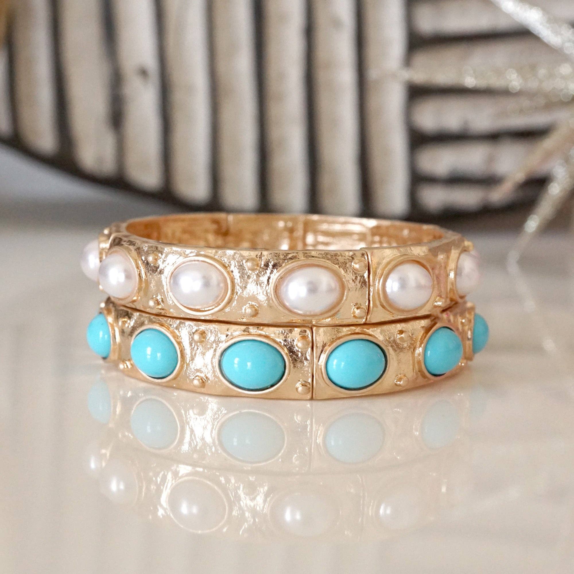 Classic Golden Stretchy Bangles – Pearl or Turquoise Accents-Bracelets-PennyLine inc-Stuffology - Where Vintage Meets Modern, A Boutique for Real Women in Crosbyton, TX